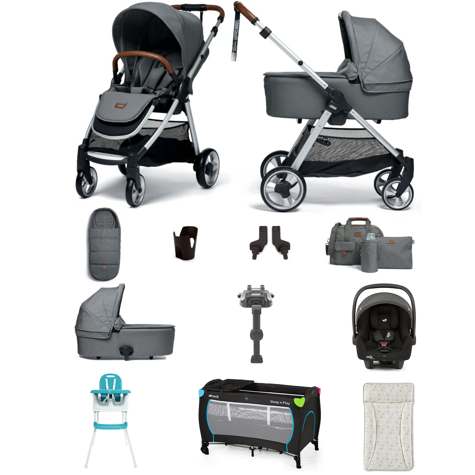 Mamas & Papas Flip XT2 12pc Essentials (i-Snug 2 Car Seat) Everything You Need Travel System Bundle with Carrycot & ISOFIX Base - Fossil Grey
