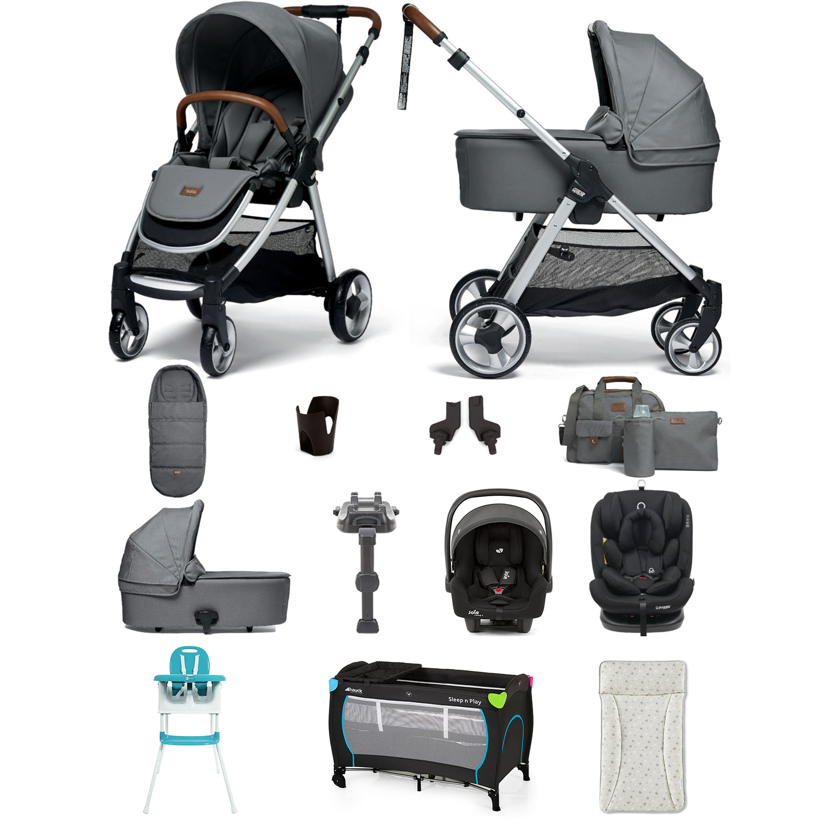 Mamas & Papas Flip XT2 13pc Essentials (i-Snug 2 & Lockton 0+123) Everything You Need Travel System Bundle with Carrycot & ISOFIX Base - Fossil Grey