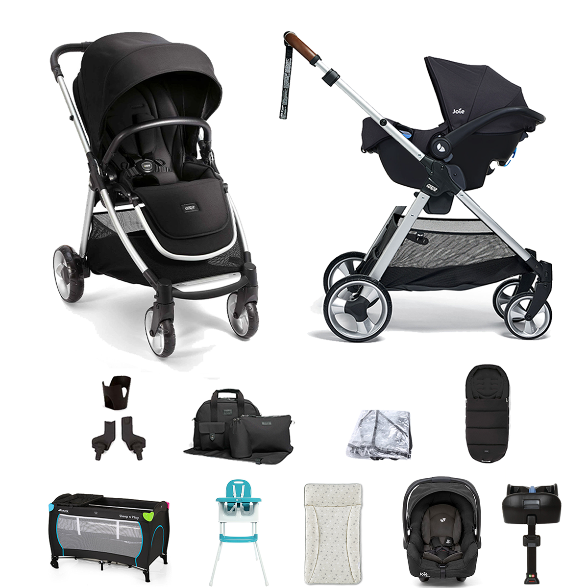 Mamas & Papas Flip XT2 11pc Essentials (Gemm Car Seat) Everything You Need Travel System Bundle with ISOFIX Base - Black