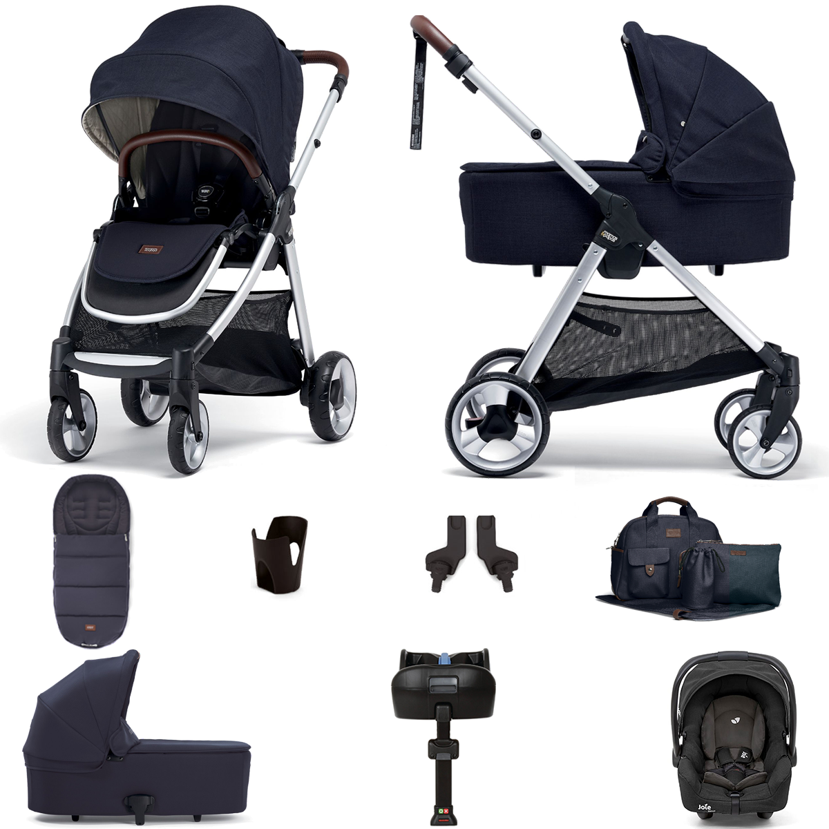 Mamas & Papas Flip XT2 8pc Essentials (Gemm Car Seat) Travel System with Carrycot & ISOFIX Base - Navy