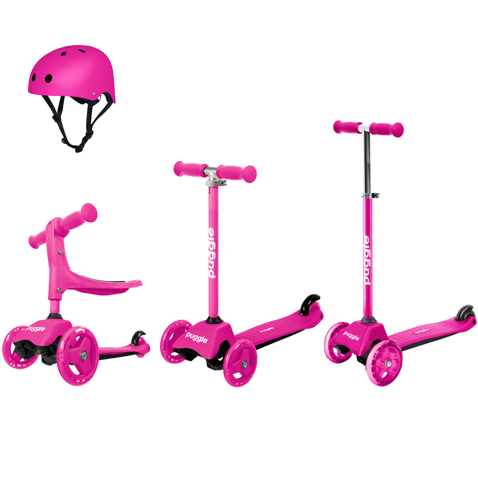 Puggle 3in1 Grow with Me 3-Wheeled Scooter with Helmet – Pink (12m – 10yrs)