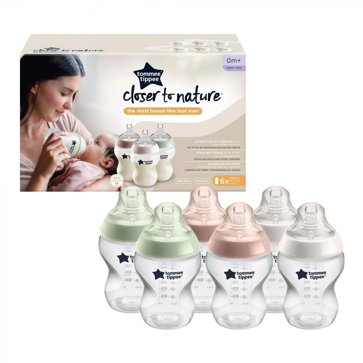 Tommee Tippee Closer to Nature 6 Pack (260ml) Baby Bottles - Natural