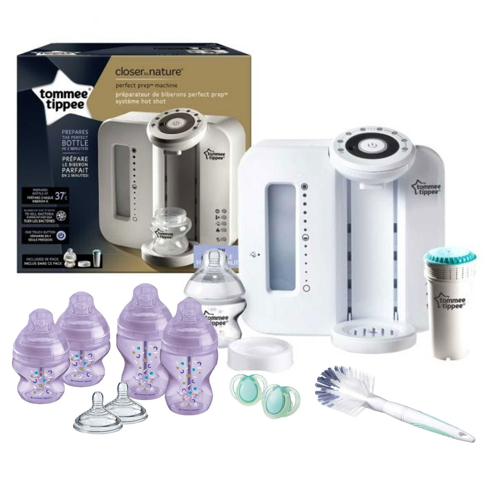 Tommee Tippee 11pc Perfect Prep Machine Anti-Colic Baby Bottle Feeding Bundle - White / Purple