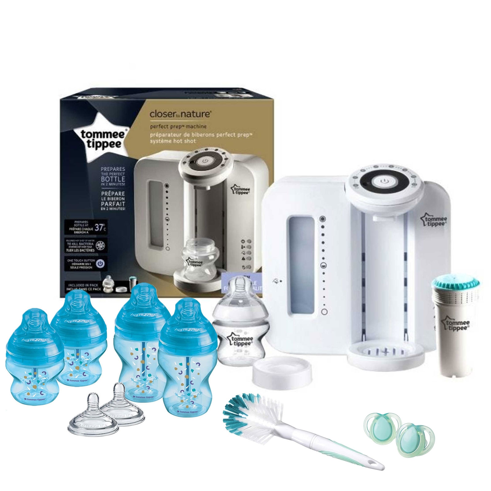 Tommee Tippee 11pc Perfect Prep Machine Anti-Colic Baby Bottle Feeding Bundle - White / Blue