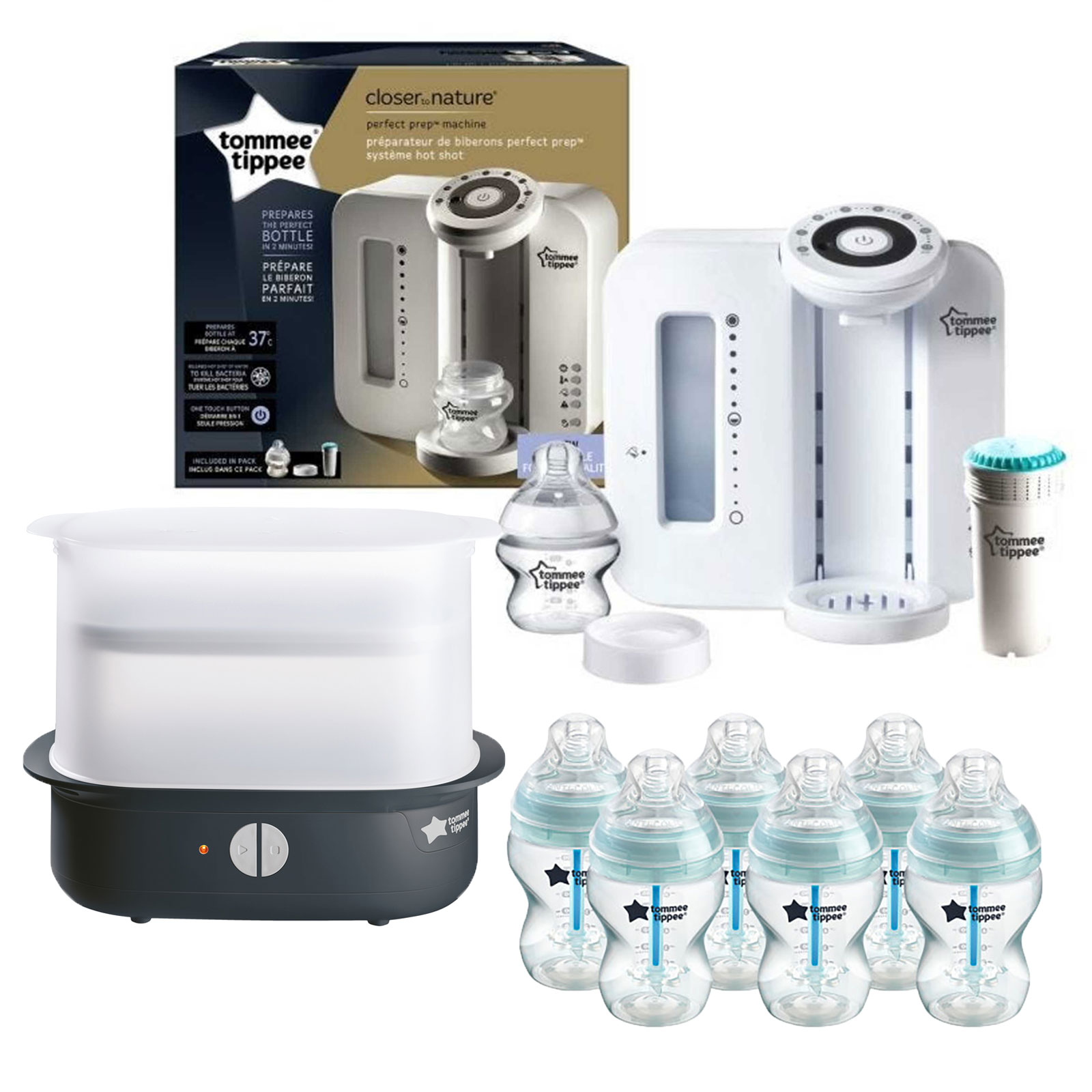 Tommee Tippee 9pc Perfect Prep Machine Electric Steriliser Anti-Colic Baby Bottle Feeding Bundle - White / Blue