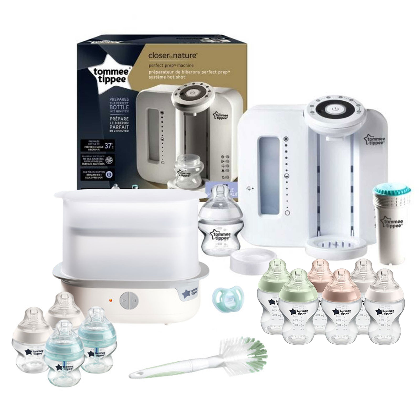 Tommee Tippee 15pc Perfect Prep Machine Complete Steriliser Baby Bottle Feeding Bundle - White / Natural