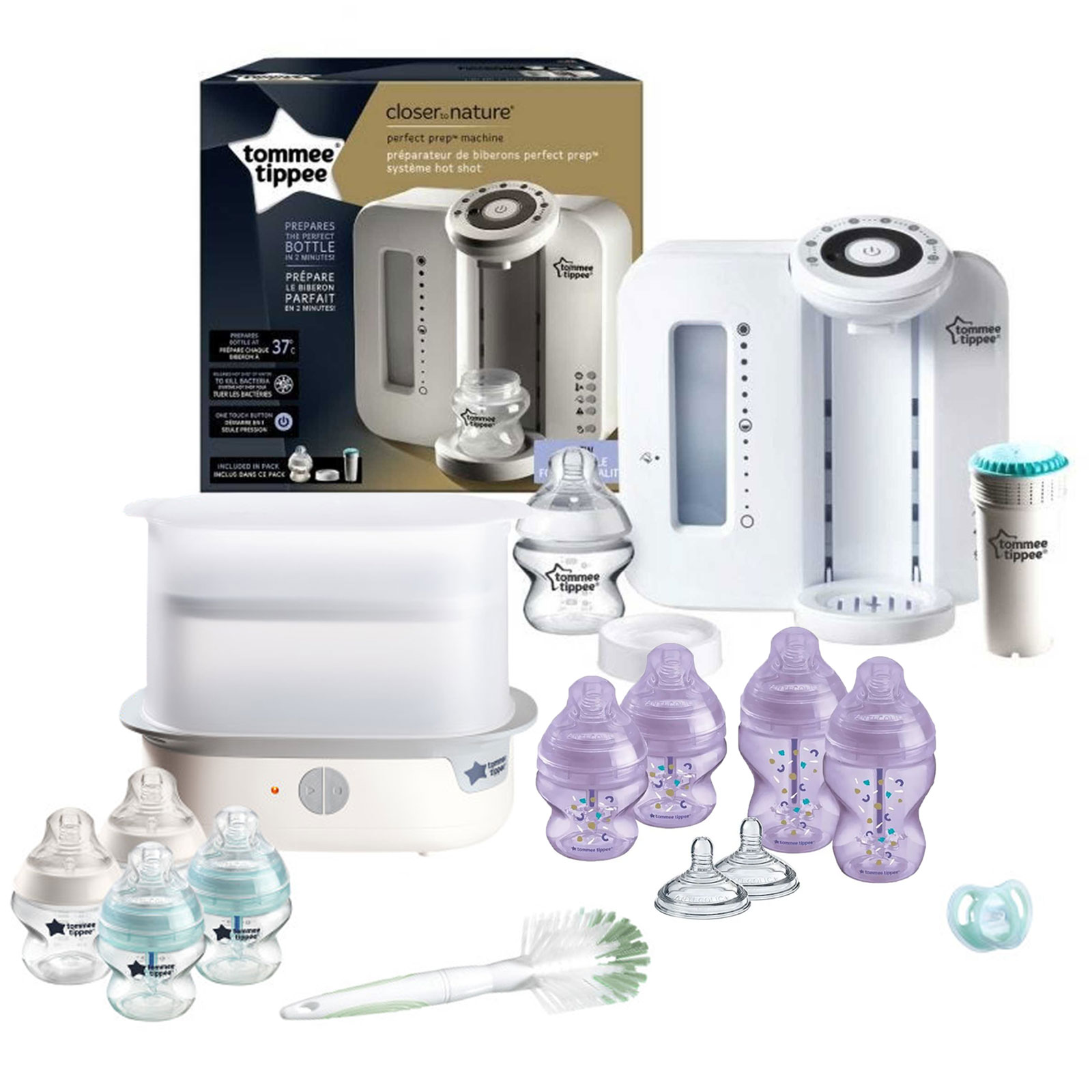 Tommee Tippee 15pc Perfect Prep Machine Complete Steriliser Anti-Colic Baby Bottle Feeding Bundle - White / Purple