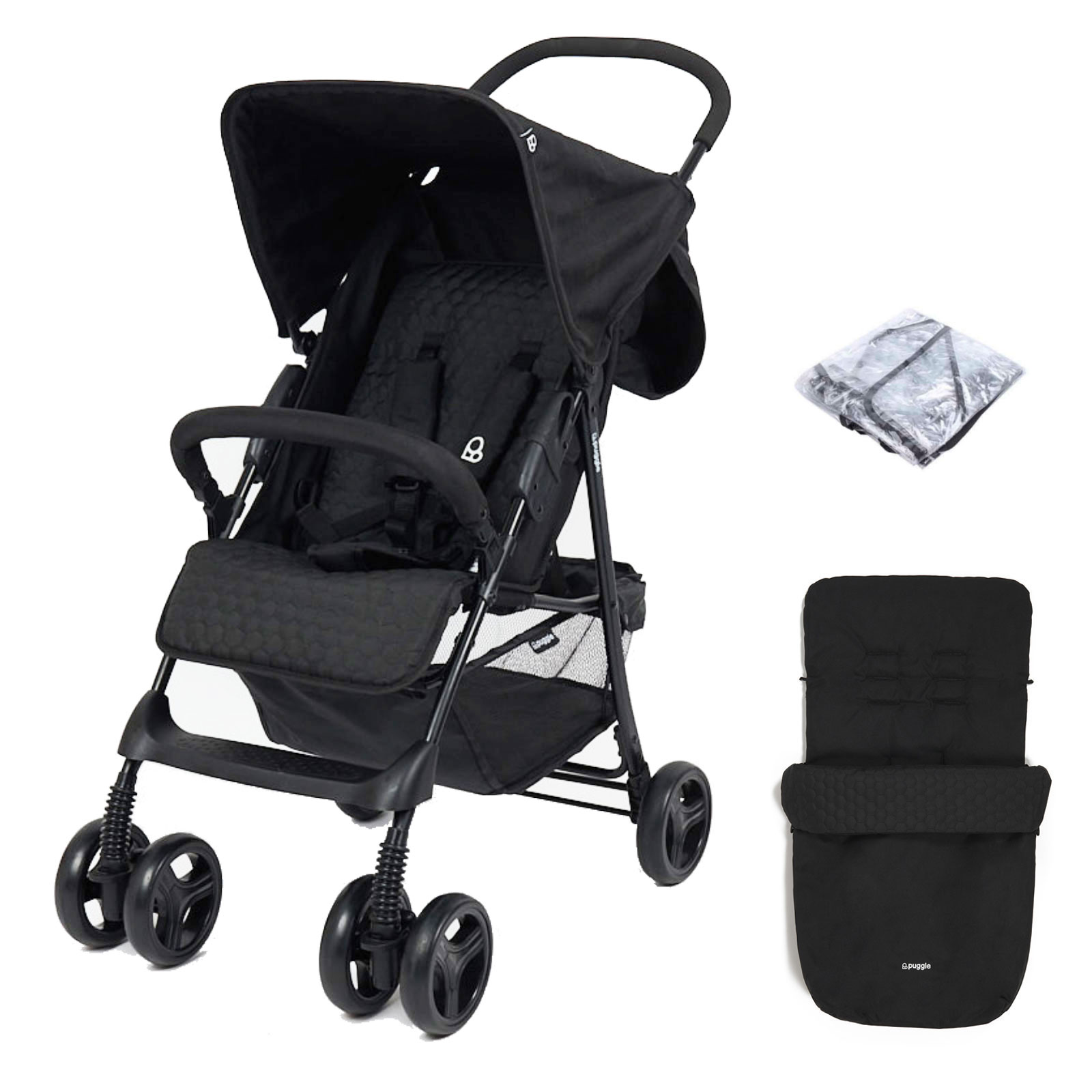 Puggle Holiday Luxe Pushchair Stroller with Raincover and Universal Footmuff – Storm Black