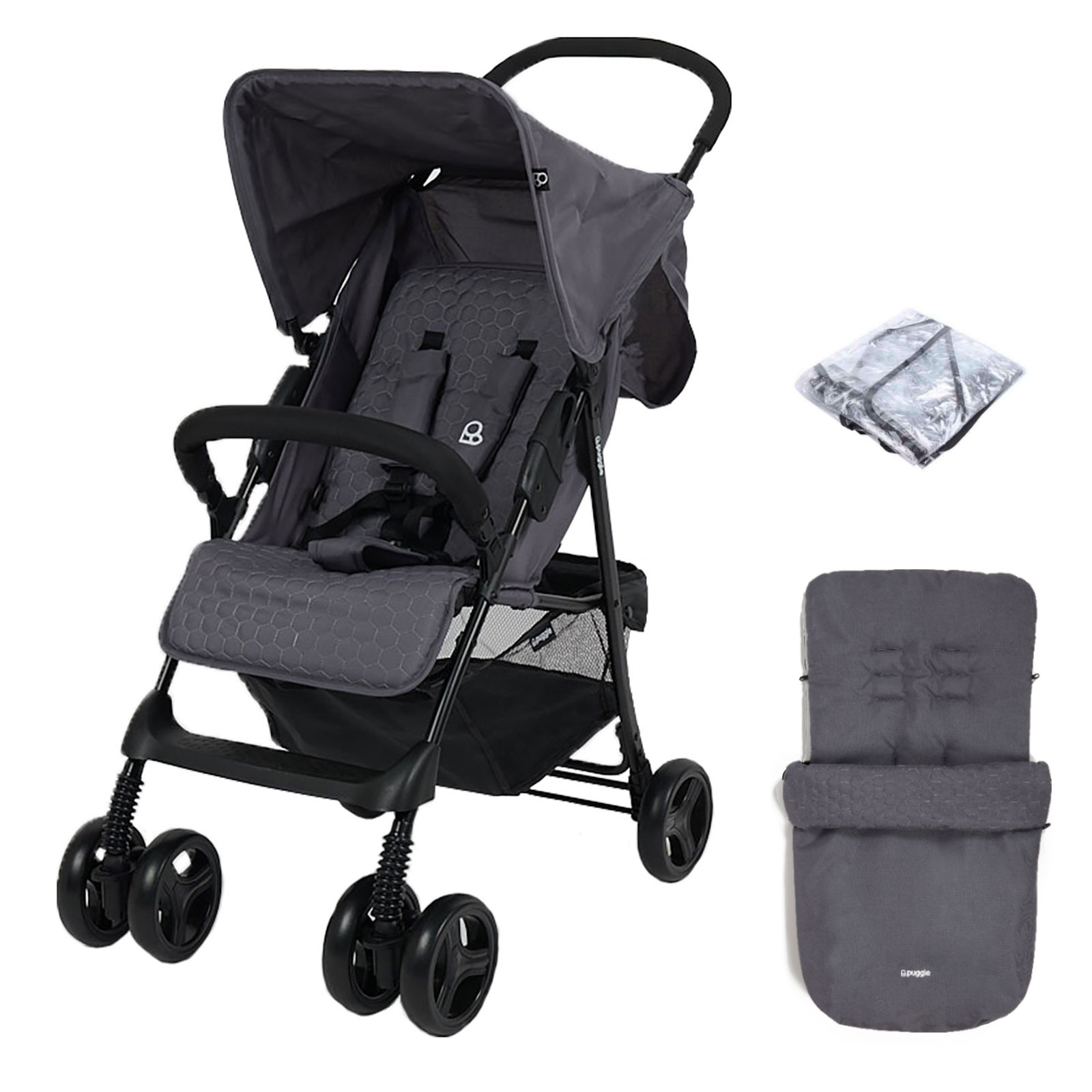 Puggle Holiday Luxe Pushchair Stroller with Raincover and Universal Footmuff – Slate Grey