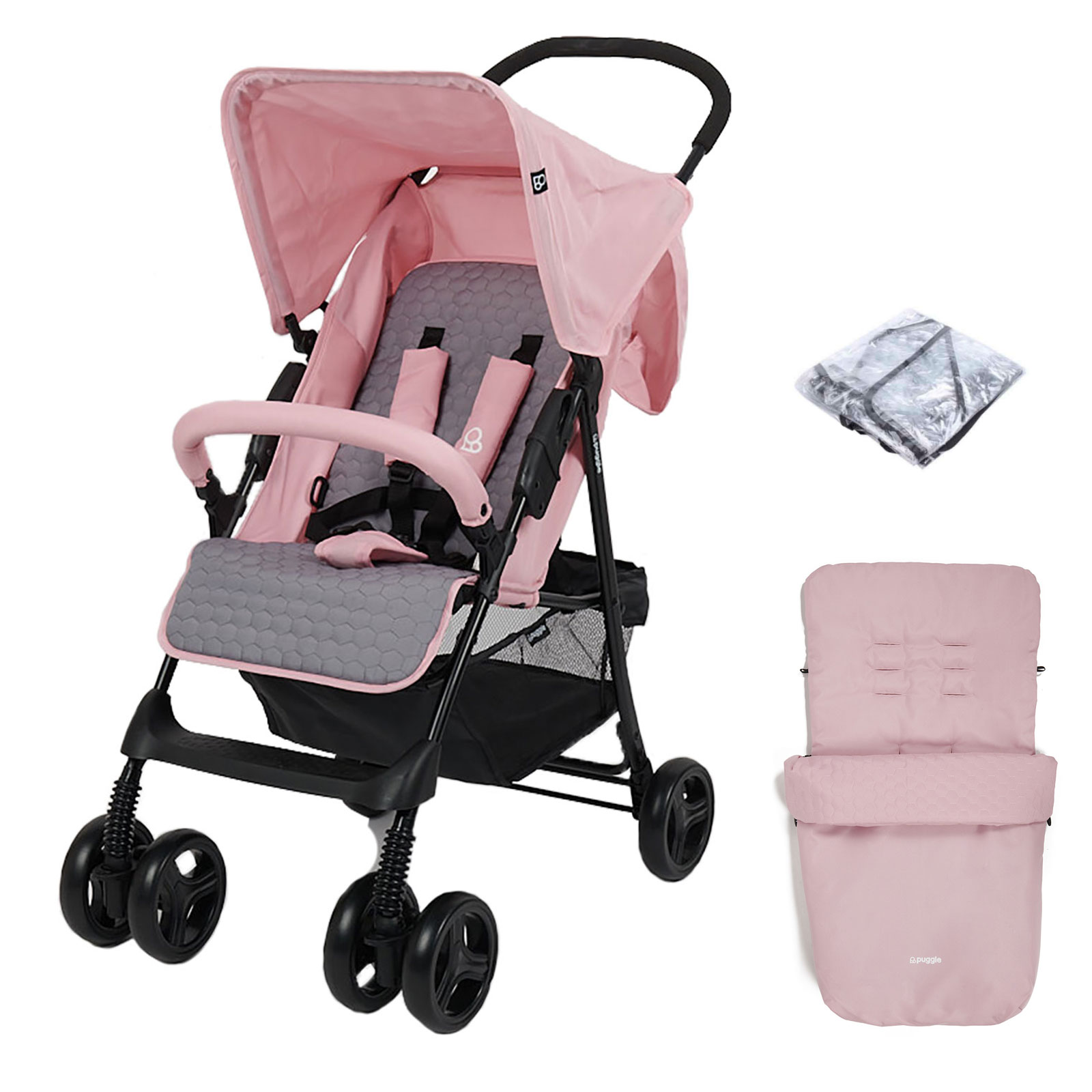 Puggle Holiday Luxe Pushchair Stroller with Raincover and Universal Footmuff – Vintage Pink