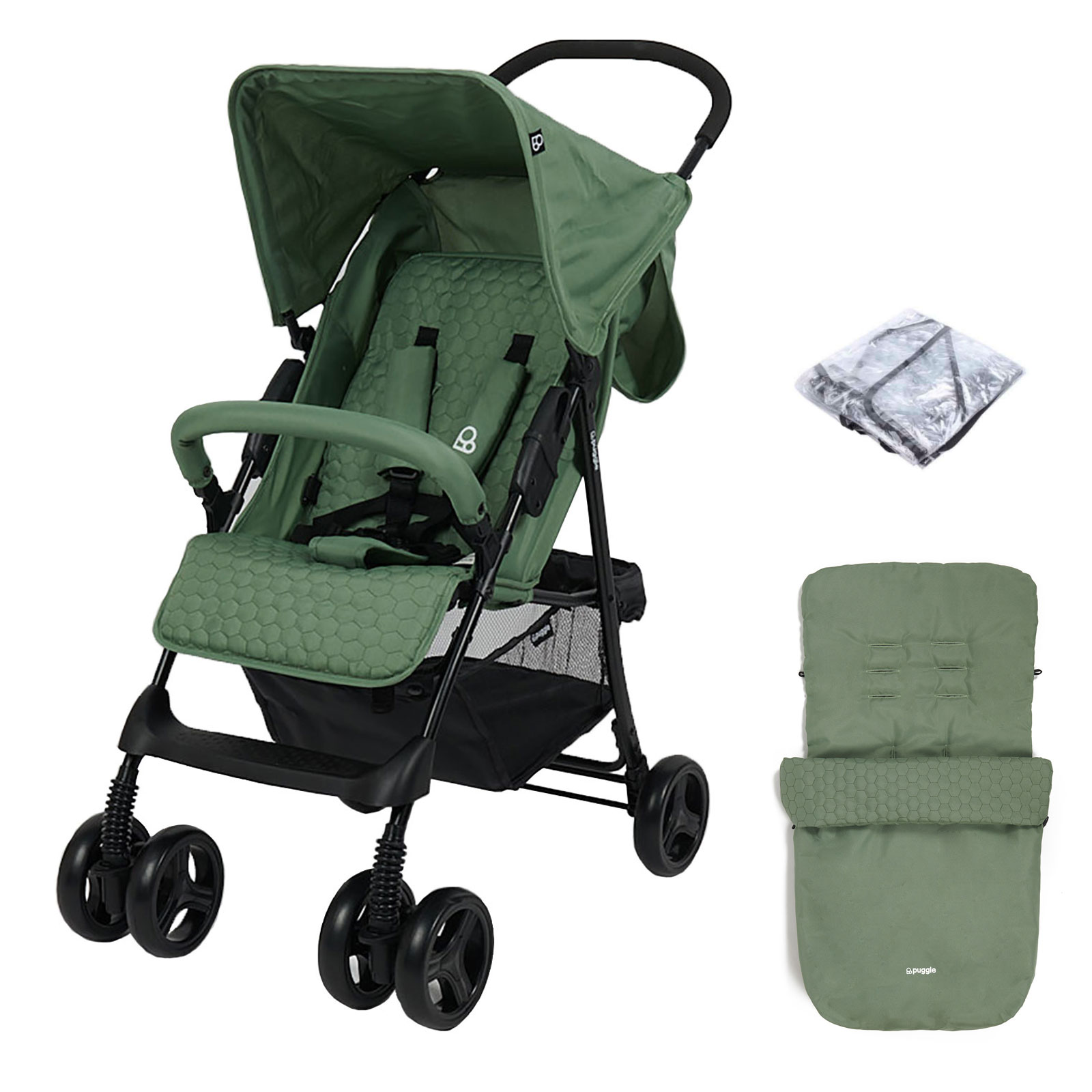 Puggle Holiday Luxe Pushchair Stroller with Raincover and Universal Footmuff – Sage Green