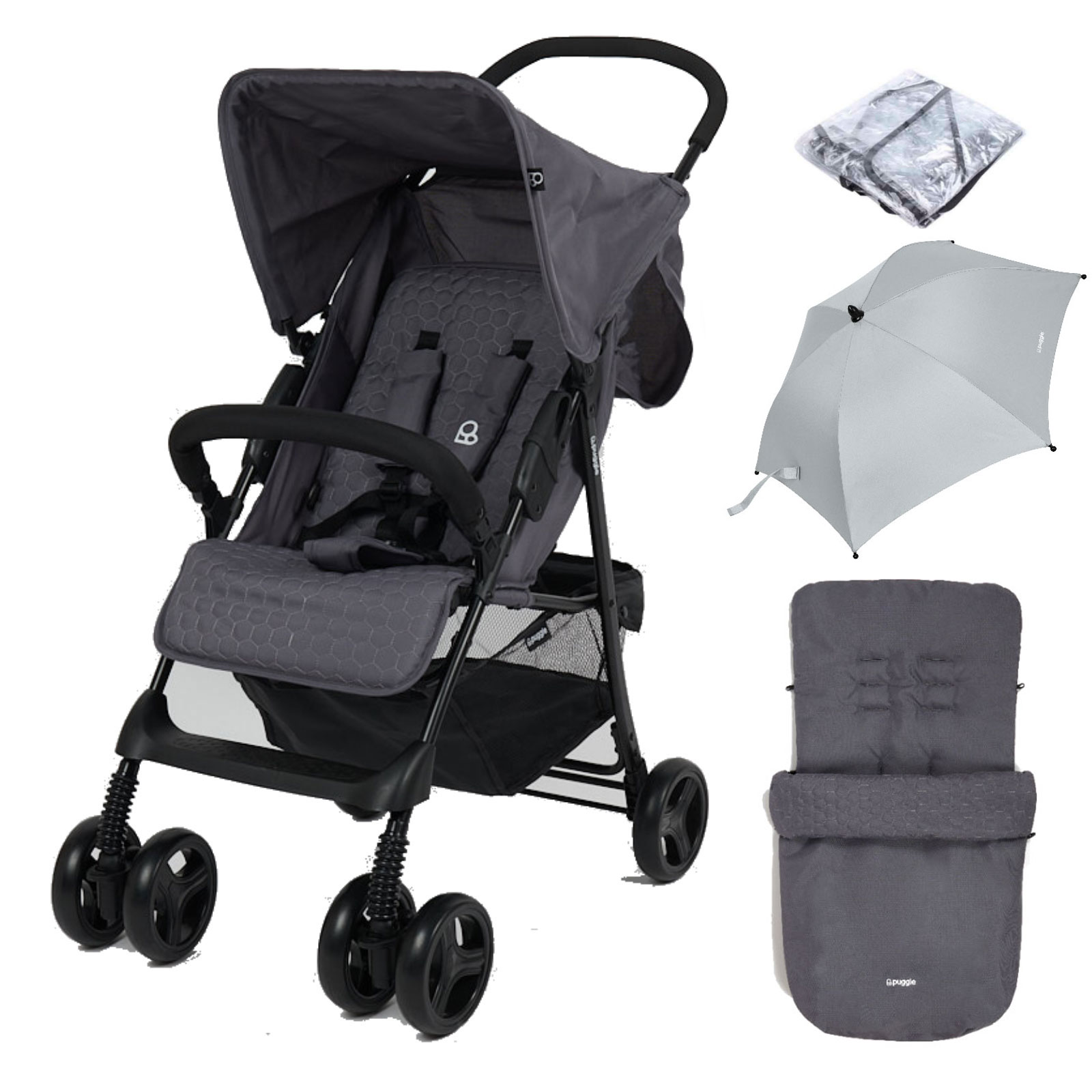 Puggle Holiday Luxe Pushchair Stroller with Raincover, Universal Footmuff and Parasol – Slate Grey