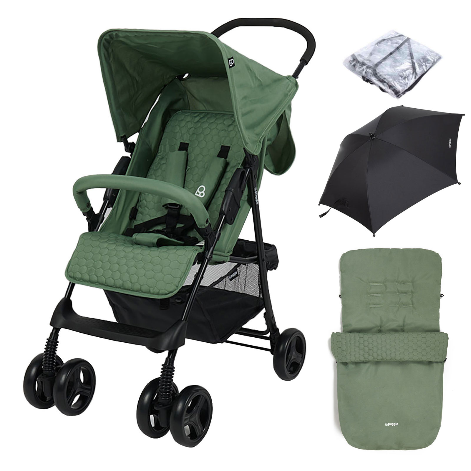 Puggle Holiday Luxe Pushchair Stroller with Raincover, Universal Footmuff and Parasol – Sage Green