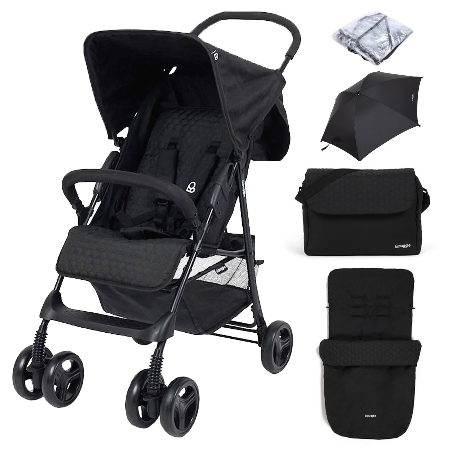 Puggle Holiday Luxe Pushchair Stroller with Raincover, Universal Footmuff, Parasol, Changing Bag and Mat – Storm Black
