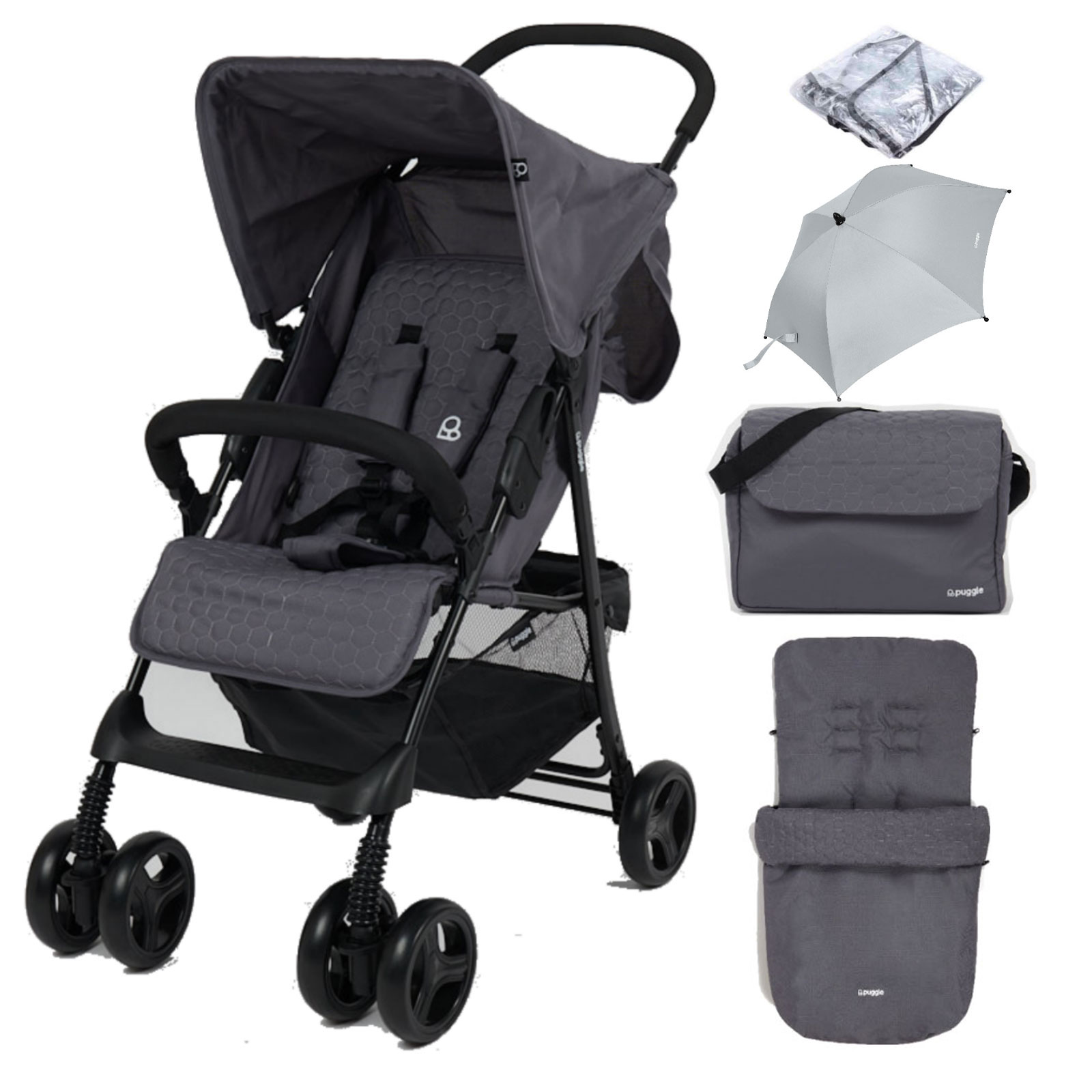 Puggle Holiday Luxe Pushchair Stroller with Raincover, Universal Footmuff, Parasol, Changing Bag and Mat – Slate Grey