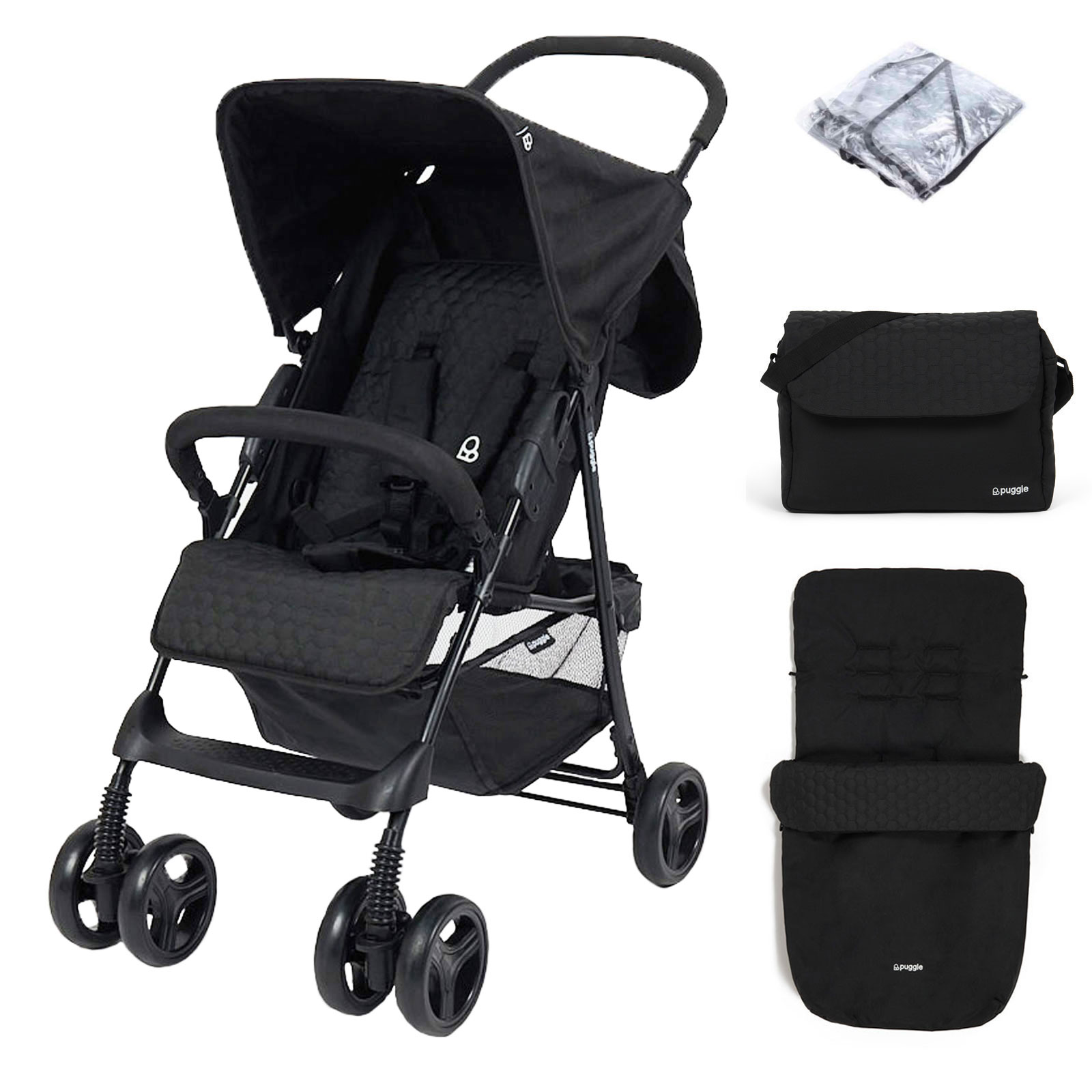 Puggle Holiday Luxe Pushchair Stroller with Raincover, Universal Footmuff, Changing Bag and Mat – Storm Black