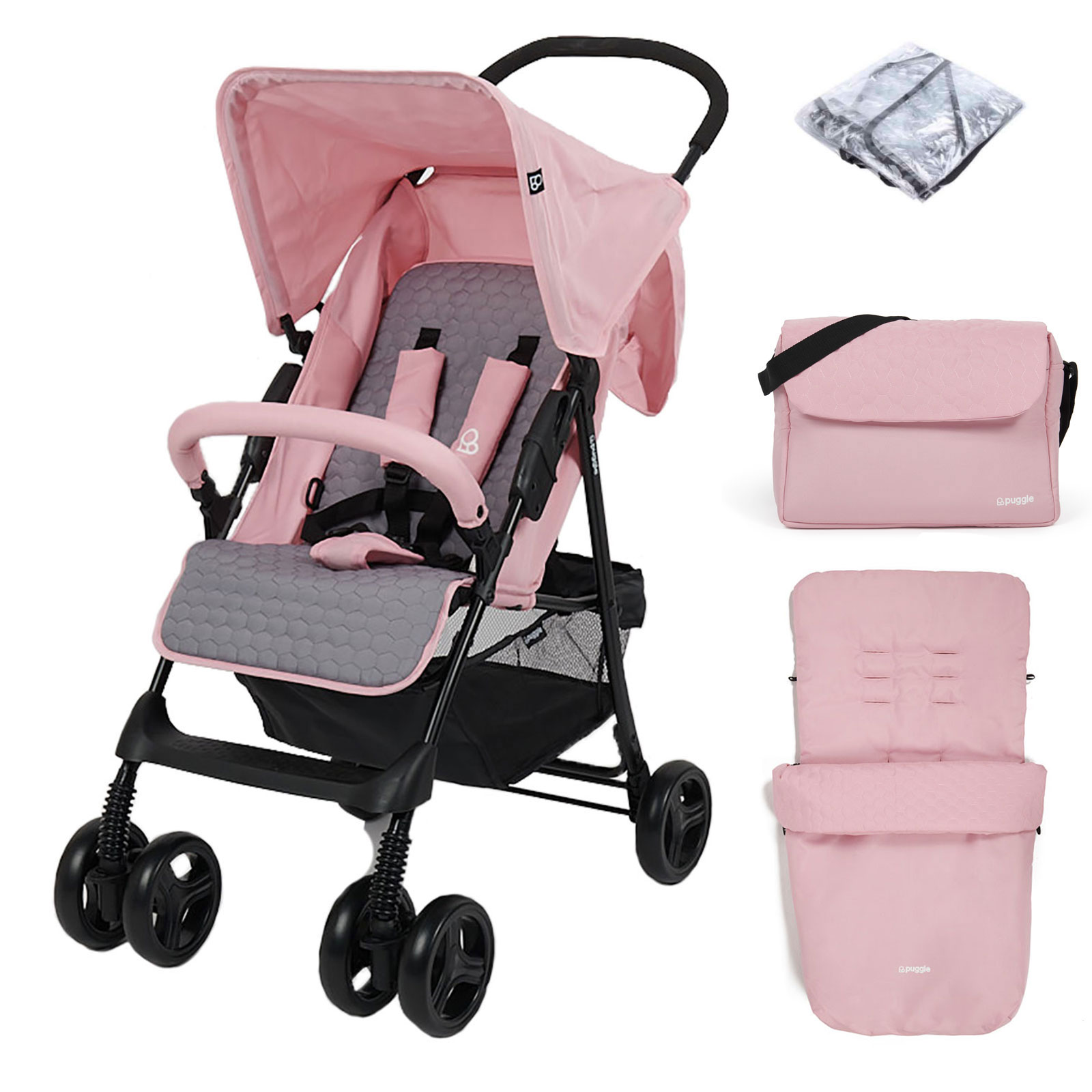 Puggle Holiday Luxe Pushchair Stroller with Raincover, Universal Footmuff, Changing Bag and Mat – Vintage Pink
