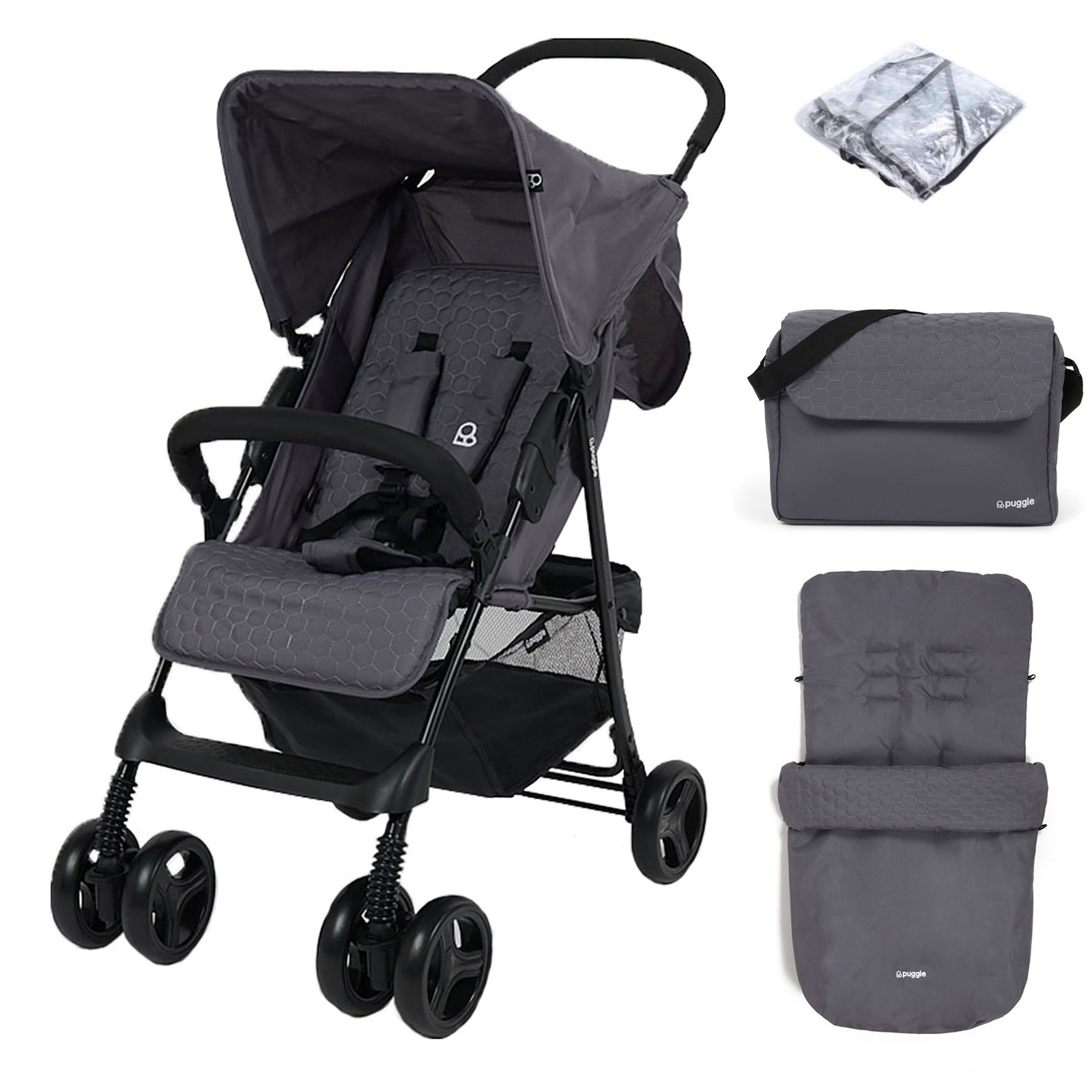 Puggle Holiday Luxe Pushchair Stroller with Raincover, Universal Footmuff, Changing Bag and Mat – Slate Grey