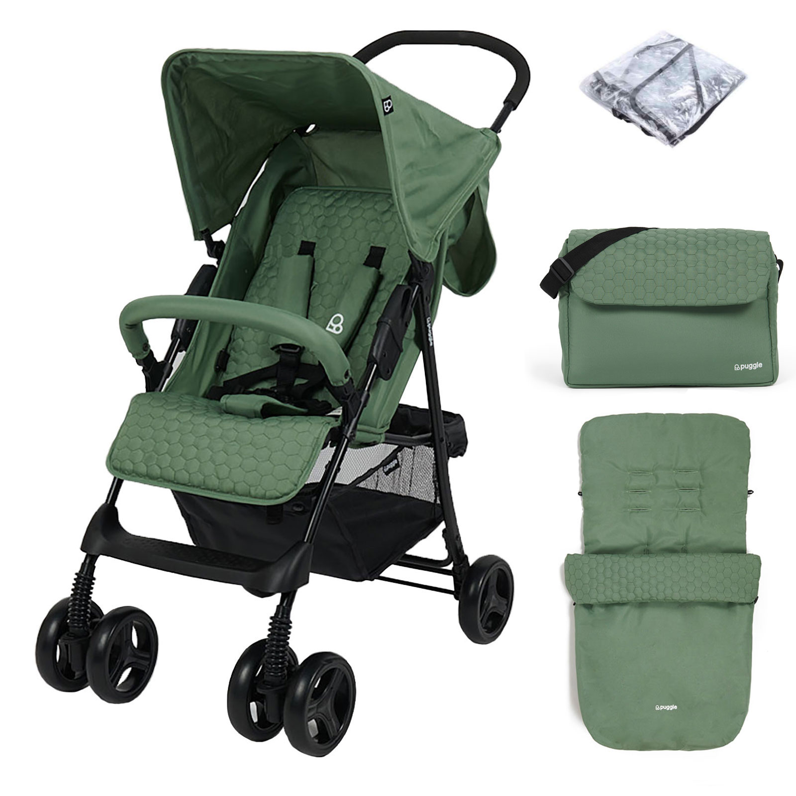 Puggle Holiday Luxe Pushchair Stroller with Raincover, Universal Footmuff, Changing Bag and Mat – Sage Green