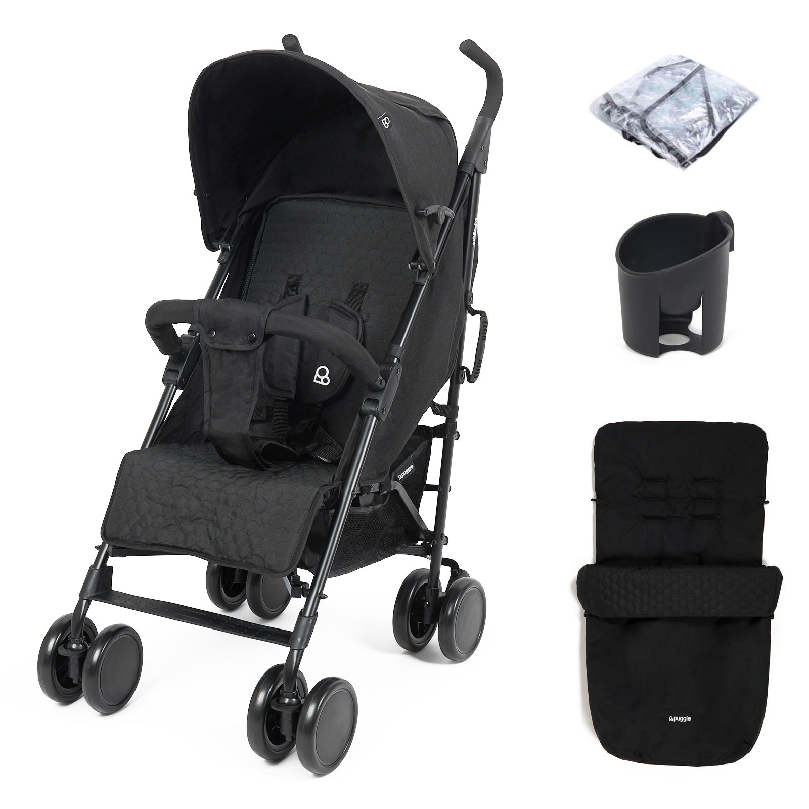 Puggle Litemax Pushchair Stroller with Raincover, Cupholder and Universal Footmuff - Storm Black