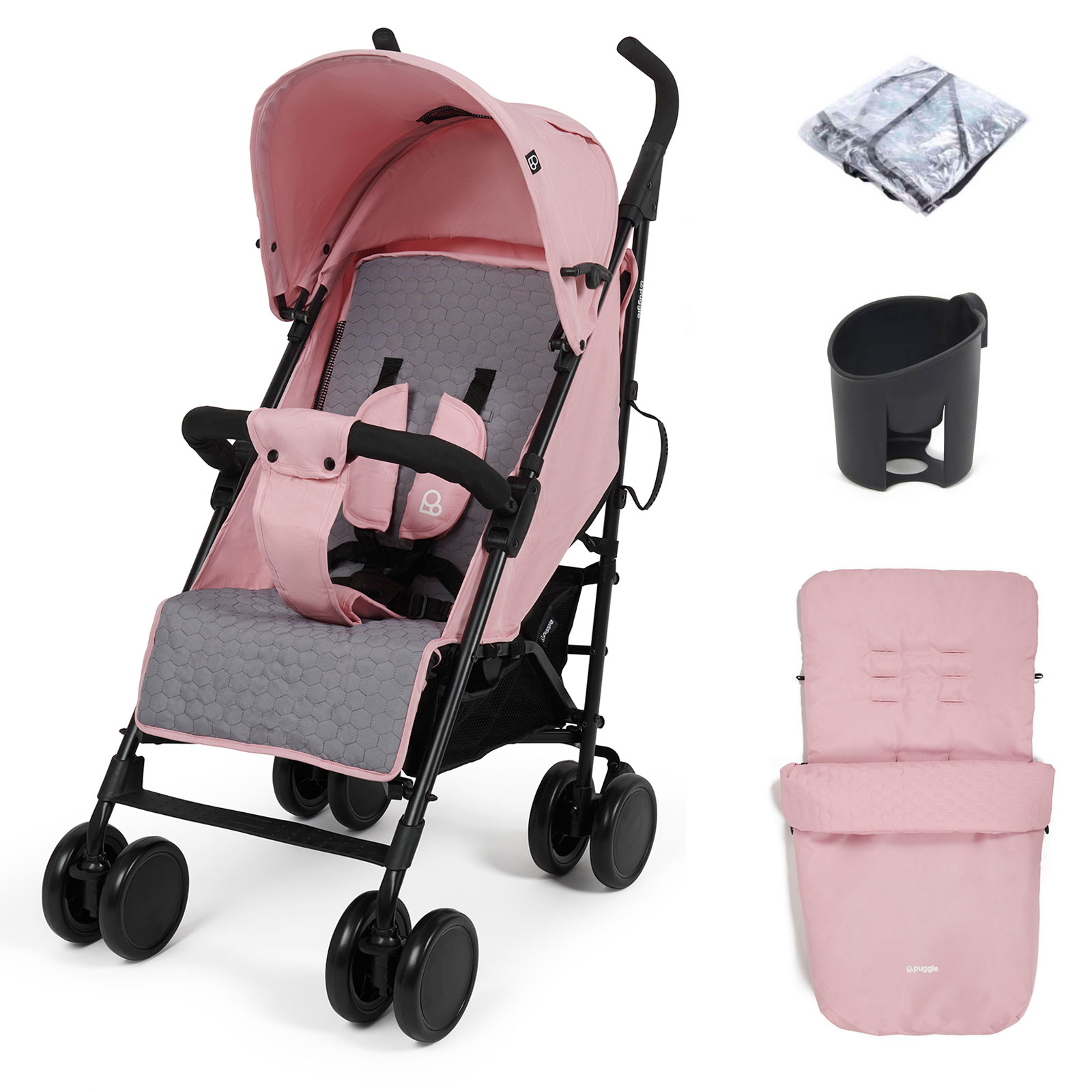 Puggle Litemax Pushchair Stroller with Raincover, Cupholder and Universal Footmuff - Vintage Pink