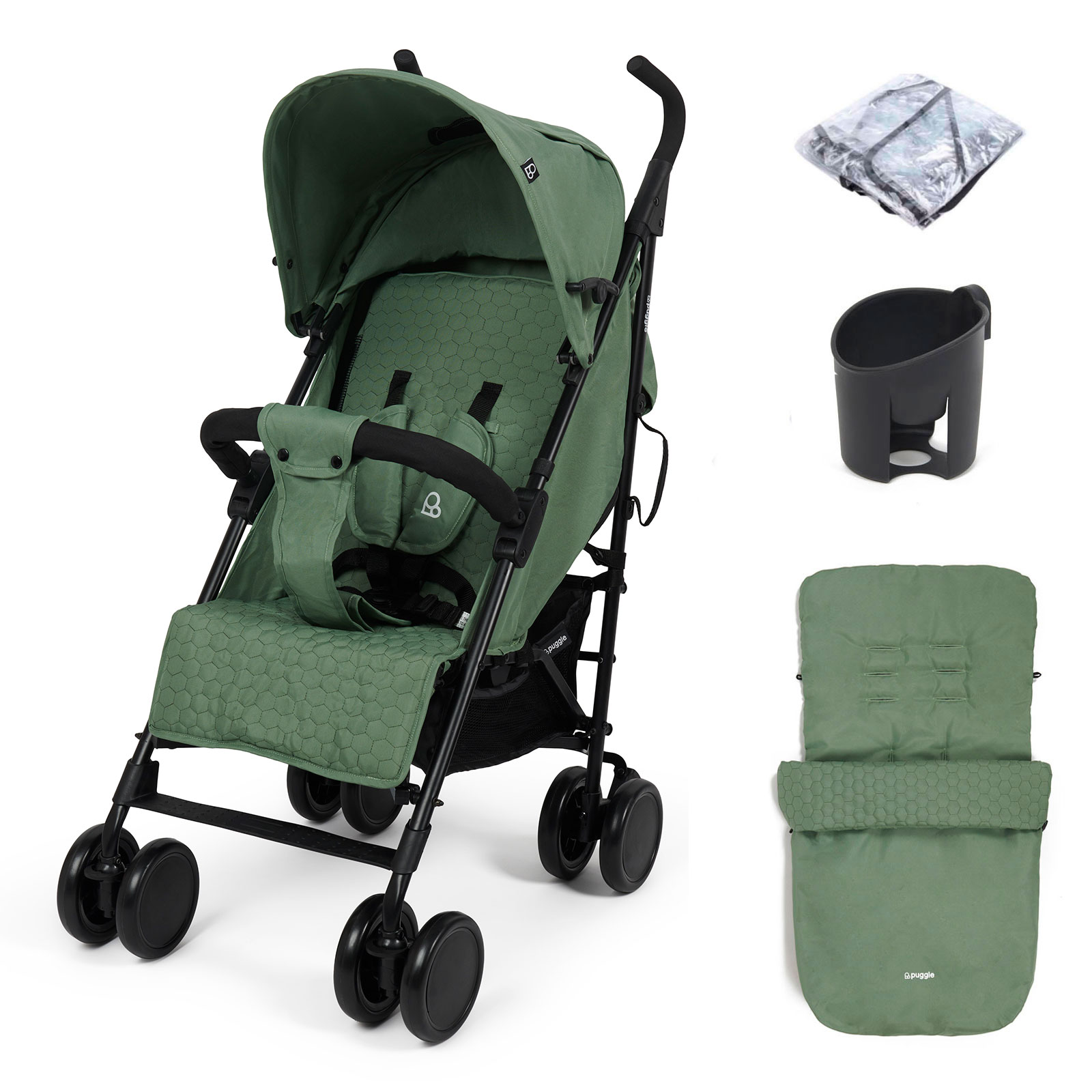 Puggle Litemax Pushchair Stroller with Raincover, Cupholder and Universal Footmuff - Sage Green