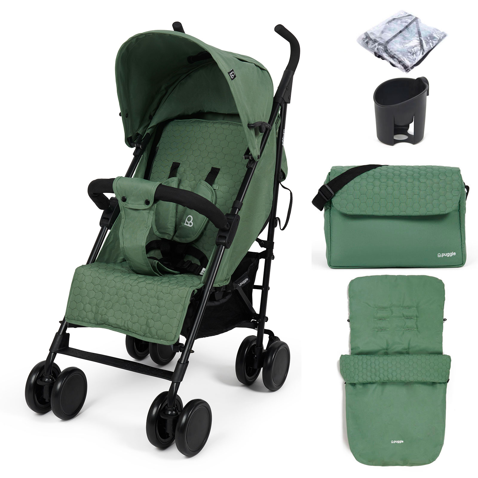Puggle Litemax Pushchair Stroller with Raincover, Cupholder, Universal Footmuff and Changing Bag with Mat - Sage Green