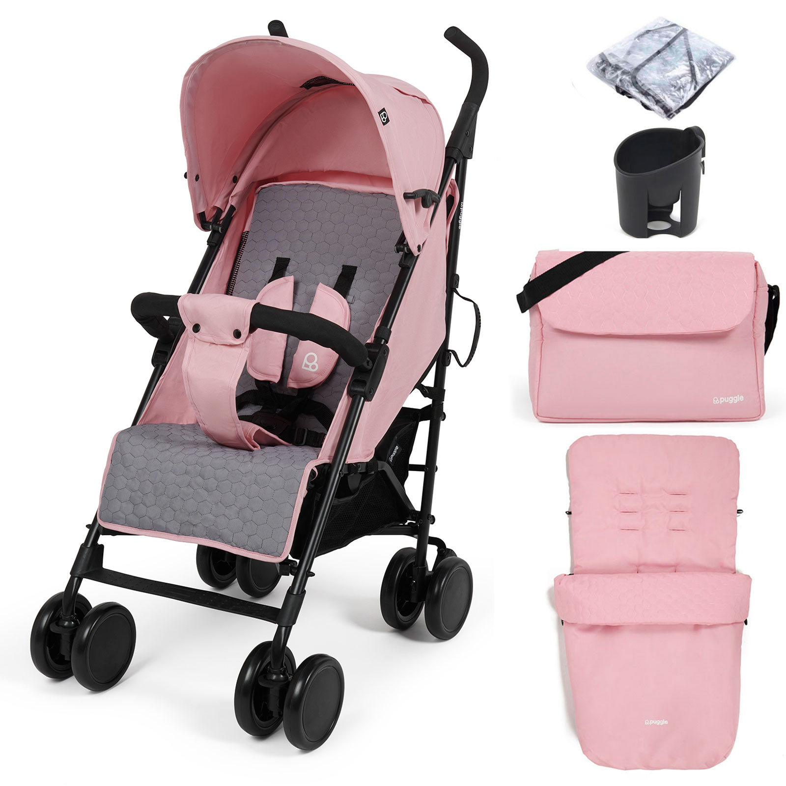 Puggle Litemax Pushchair Stroller with Raincover, Cupholder, Universal Footmuff and Changing Bag with Mat - Vintage Pink