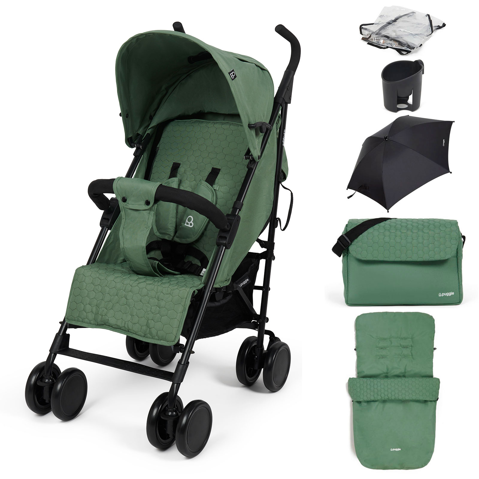 Puggle Litemax Pushchair Stroller with Raincover, Cupholder, Universal Footmuff, Parasol and Changing Bag with Mat - Sage Green
