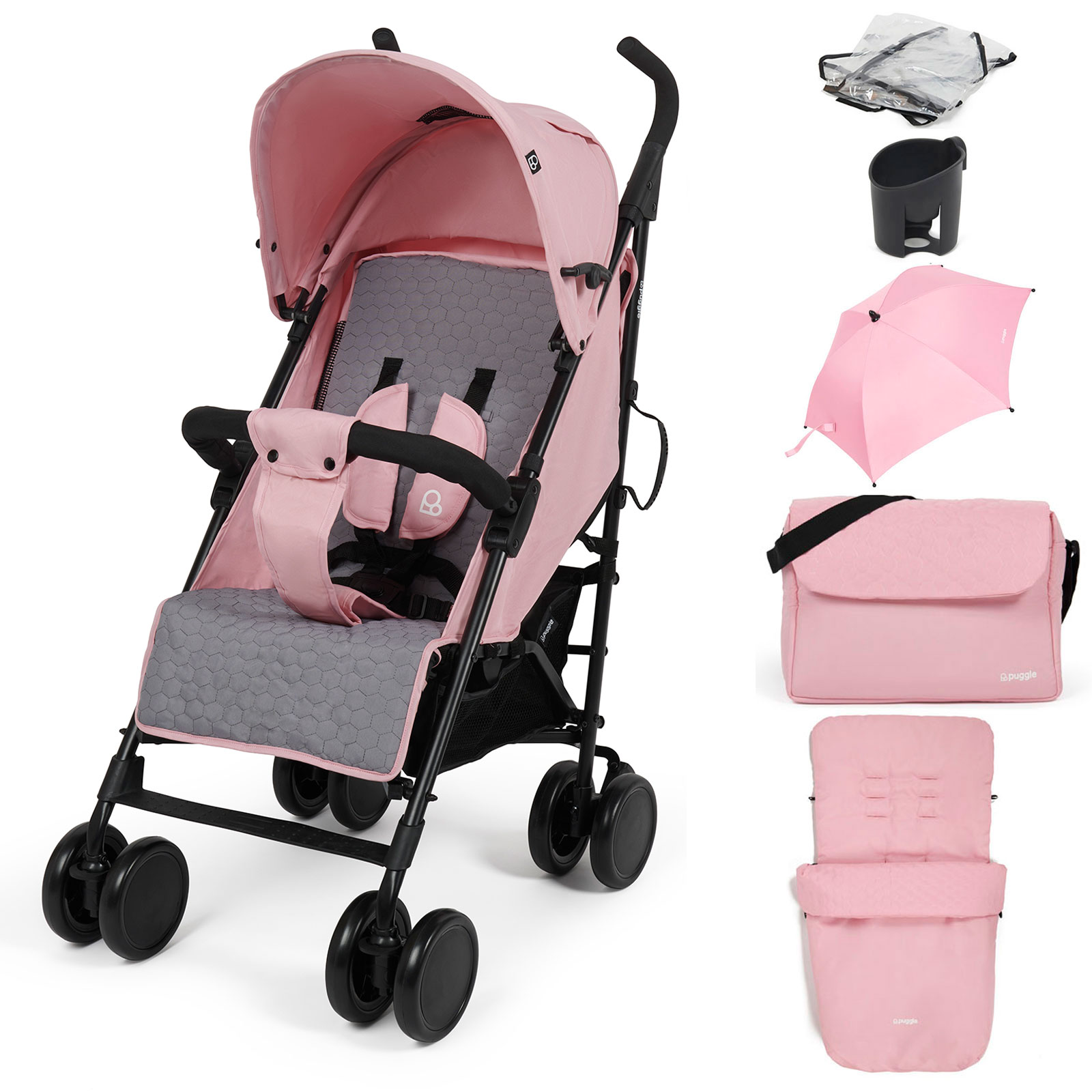 Puggle Litemax Pushchair Stroller with Raincover, Cupholder, Universal Footmuff, Parasol and Changing Bag with Mat - Vintage Pink