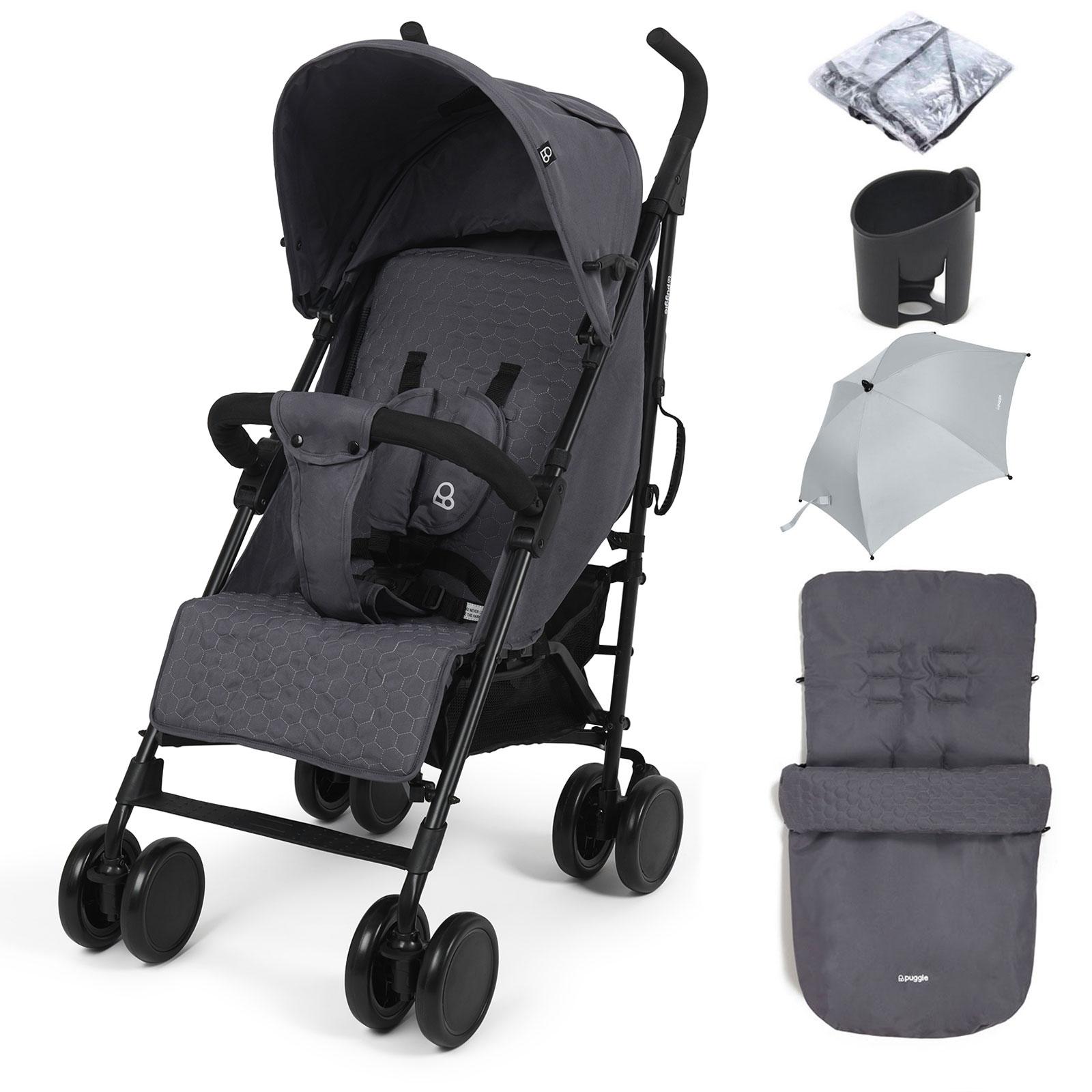 Puggle Litemax Pushchair Stroller with Raincover, Cupholder, Universal Footmuff and Parasol - Slate Grey