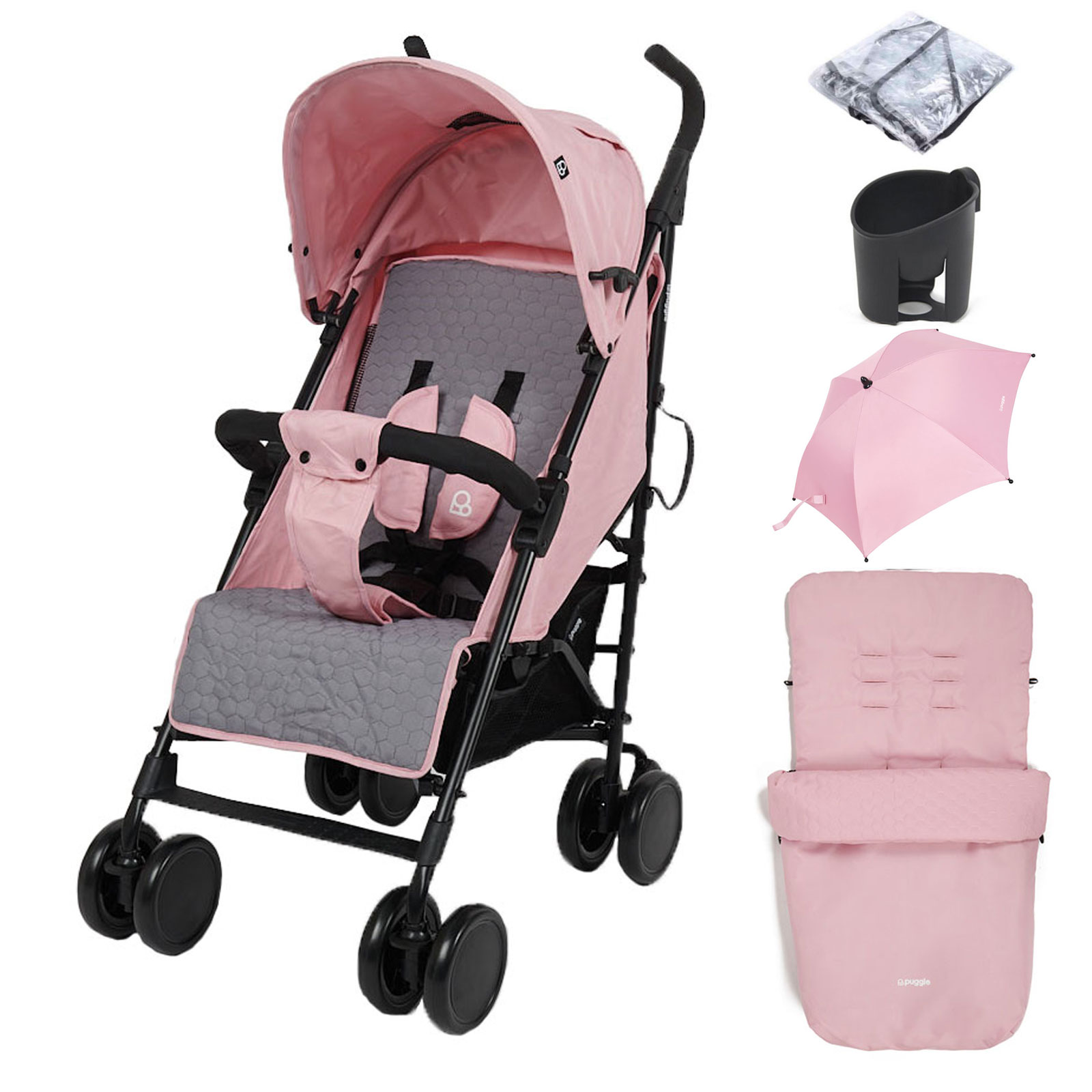 Puggle Litemax Pushchair Stroller with Raincover, Cupholder, Universal Footmuff and Parasol - Vintage Pink