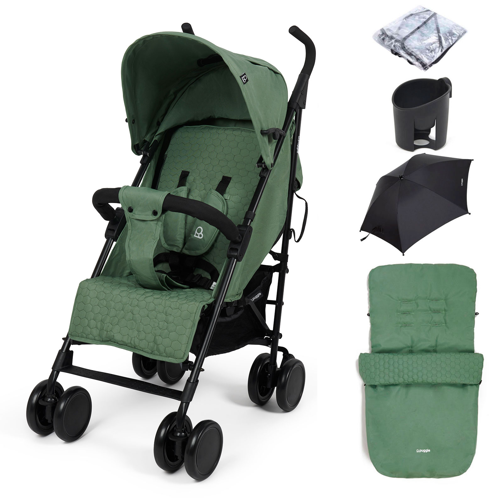 Puggle Litemax Pushchair Stroller with Raincover, Cupholder, Universal Footmuff and Parasol - Sage Green