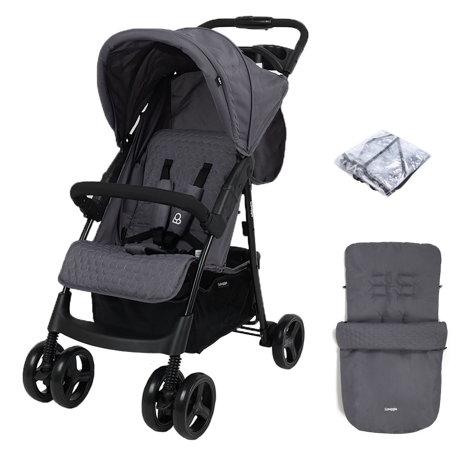 Puggle Starmax Pushchair Stroller with Raincover and Universal Footmuff – Slate Grey
