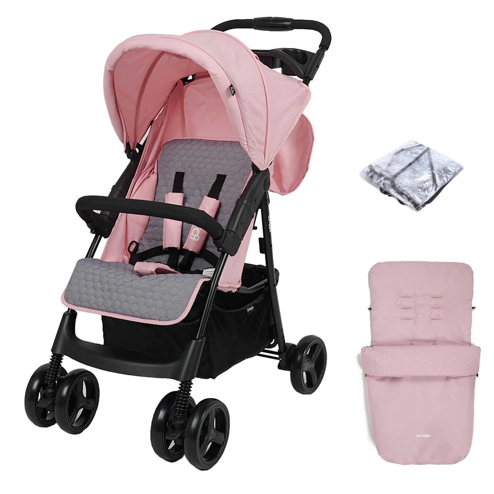 Puggle Starmax Pushchair Stroller with Raincover and Universal Footmuff – Vintage Pink
