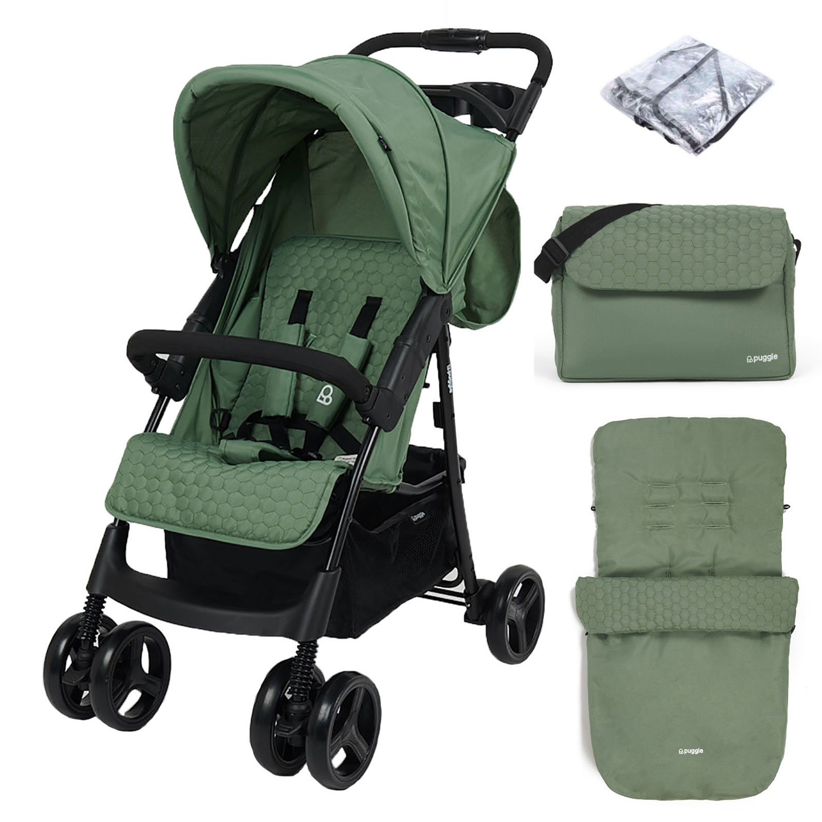 Puggle Starmax Pushchair Stroller with Raincover, Universal Footmuff and Changing Bag with Mat – Sage Green