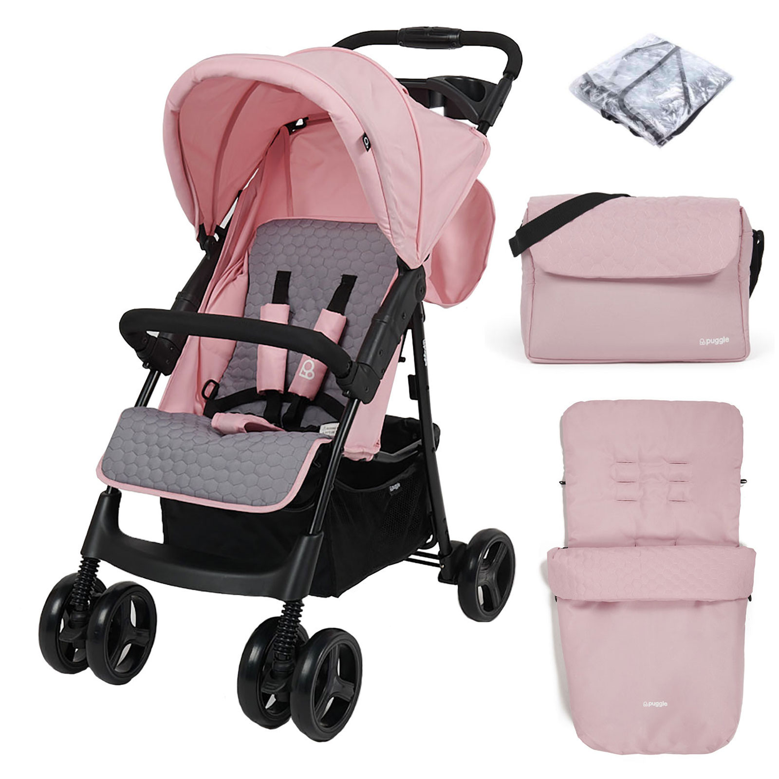 Puggle Starmax Pushchair Stroller with Raincover, Universal Footmuff and Changing Bag with Mat – Vintage Pink