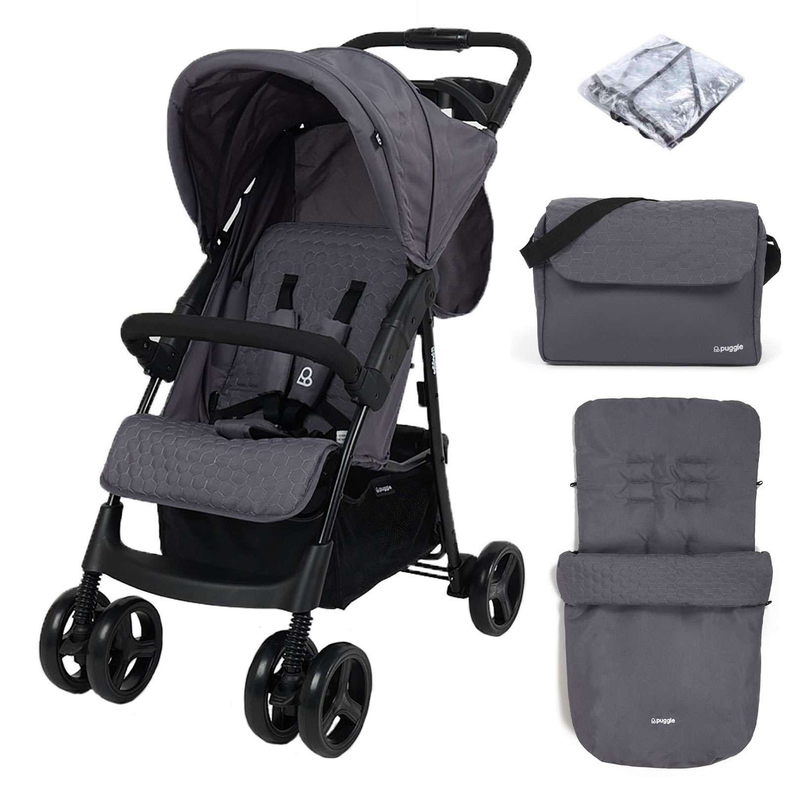 Puggle Starmax Pushchair Stroller with Raincover, Universal Footmuff and Changing Bag with Mat – Slate Grey