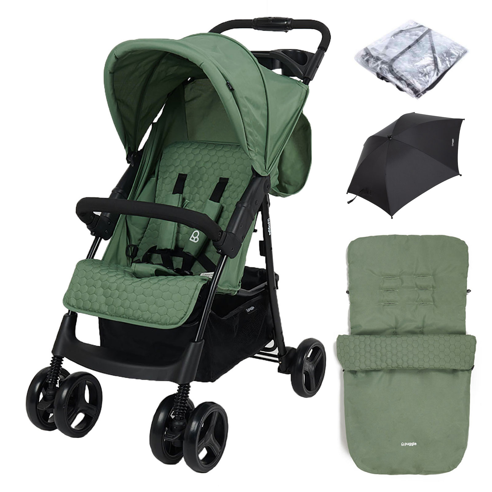 Puggle Starmax Pushchair Stroller with Raincover, Universal Footmuff and Parasol – Sage Green