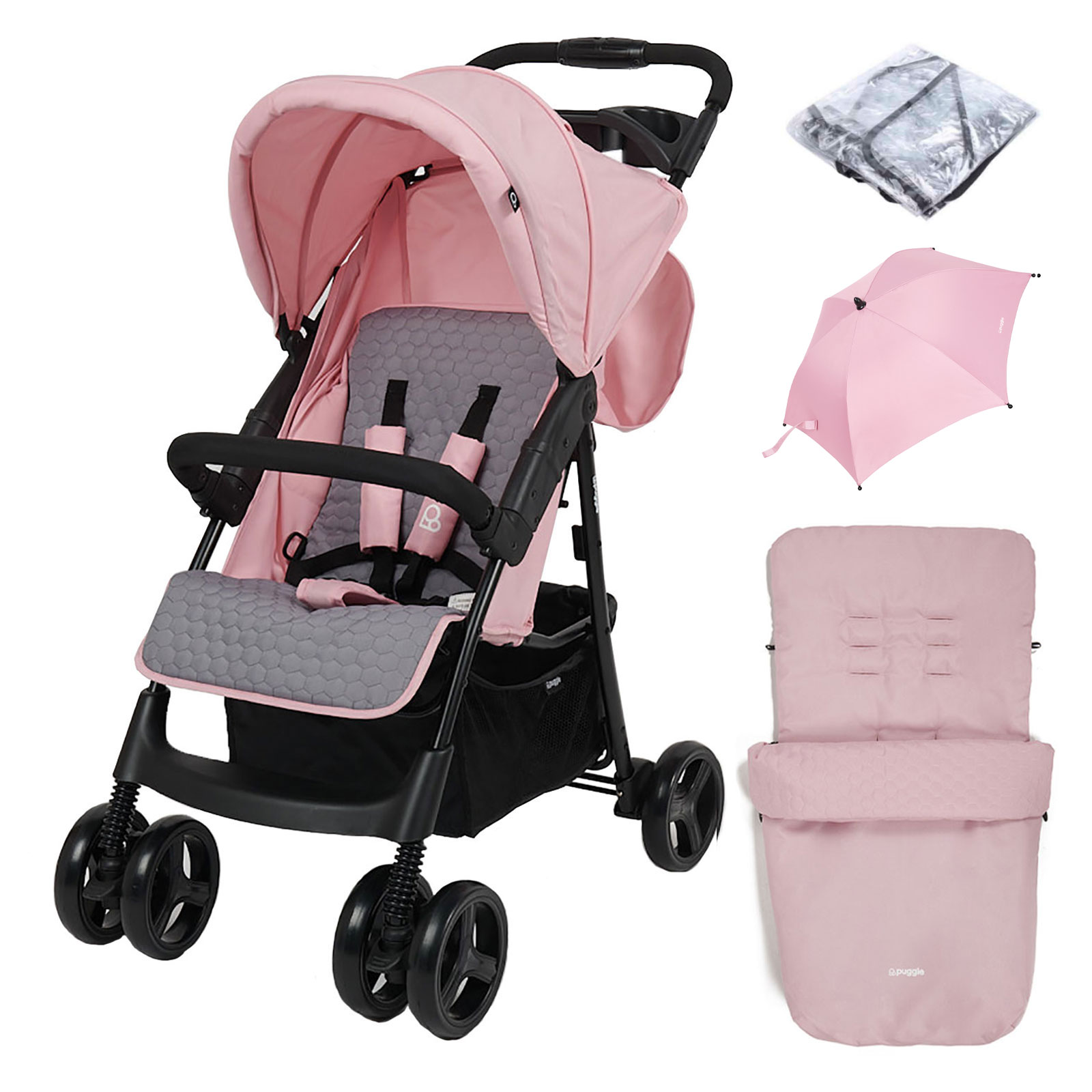 Puggle Starmax Pushchair Stroller with Raincover, Universal Footmuff and Parasol – Vintage Pink