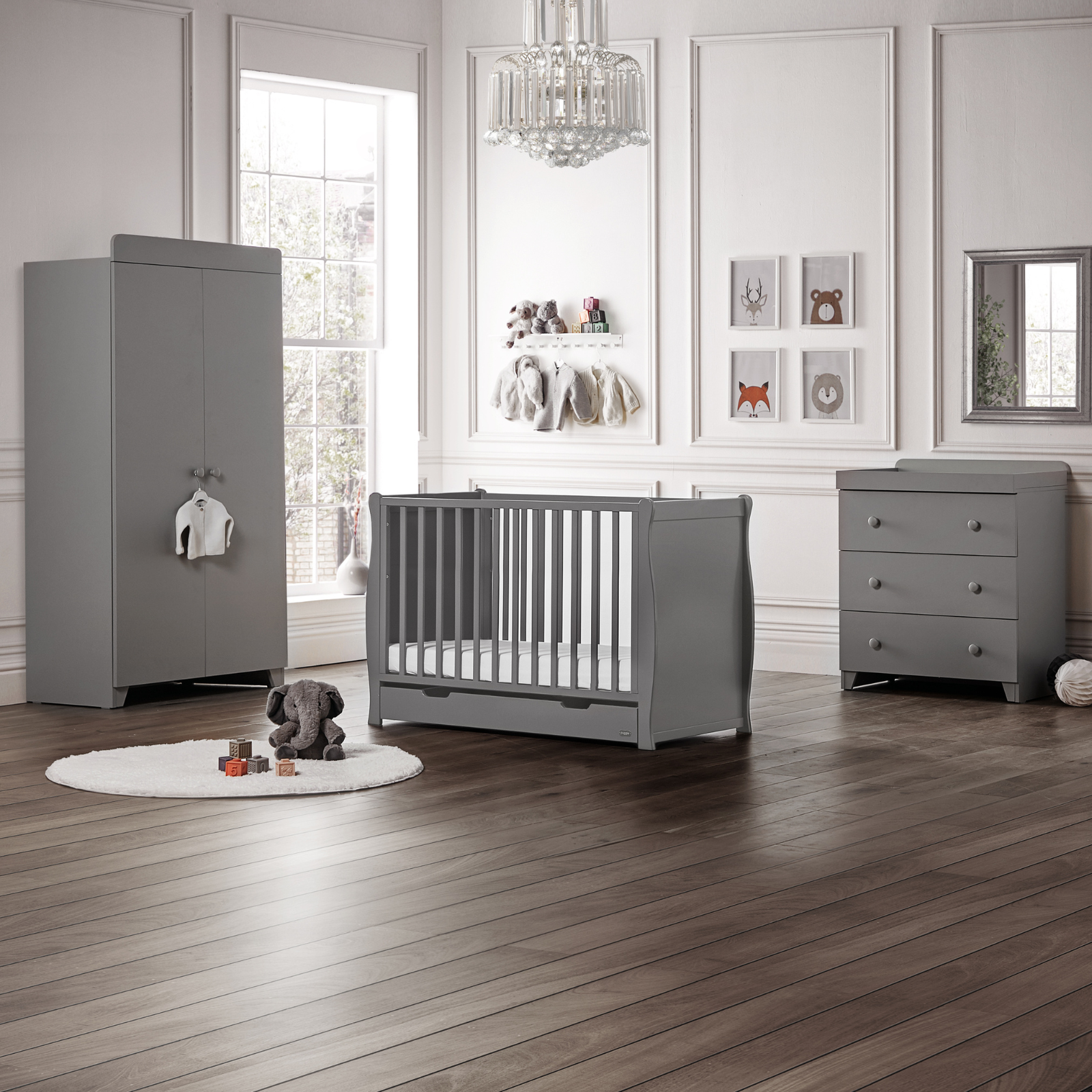 Puggle Chelford Sleigh Cot 6 Piece Nursery Furniture Set & Eco Fibre Cot Mattress - Grey