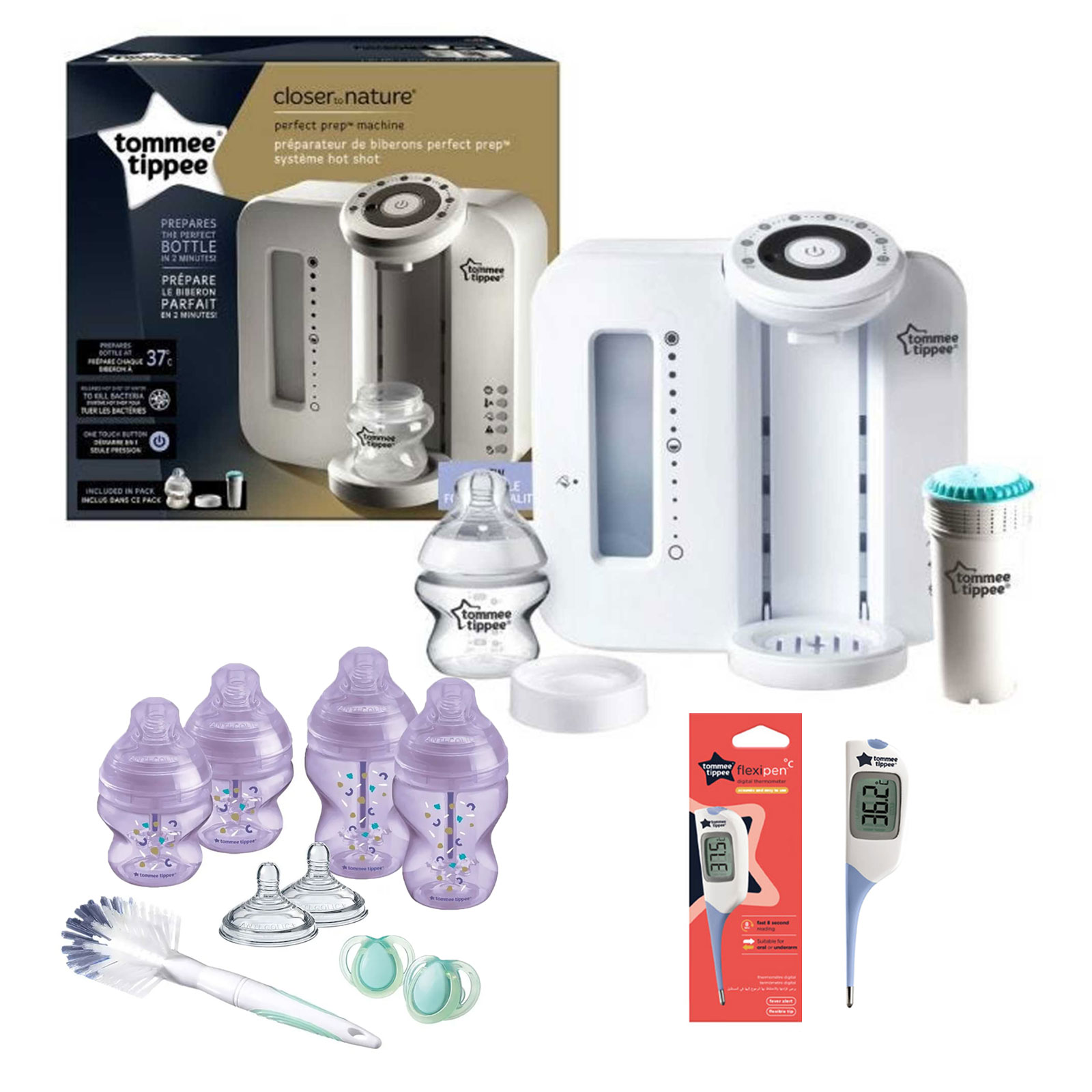 Tommee Tippee 12pc Perfect Prep Machine Anti-Colic Baby Bottle and Thermometer Feeding Bundle - White / Purple