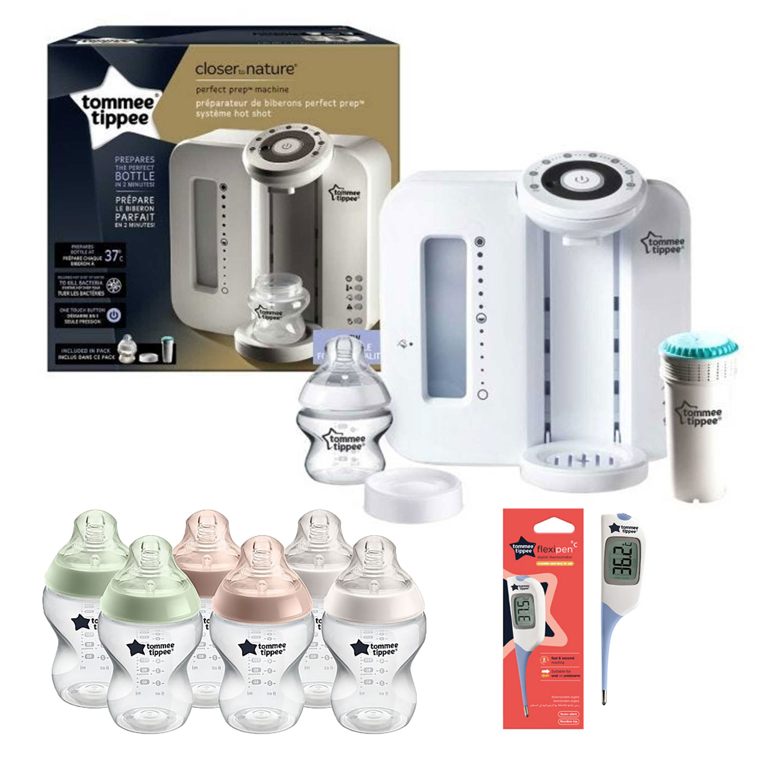 Tommee Tippee 9pc Perfect Prep Machine Baby Bottle and Thermometer Feeding Bundle - White / Natural
