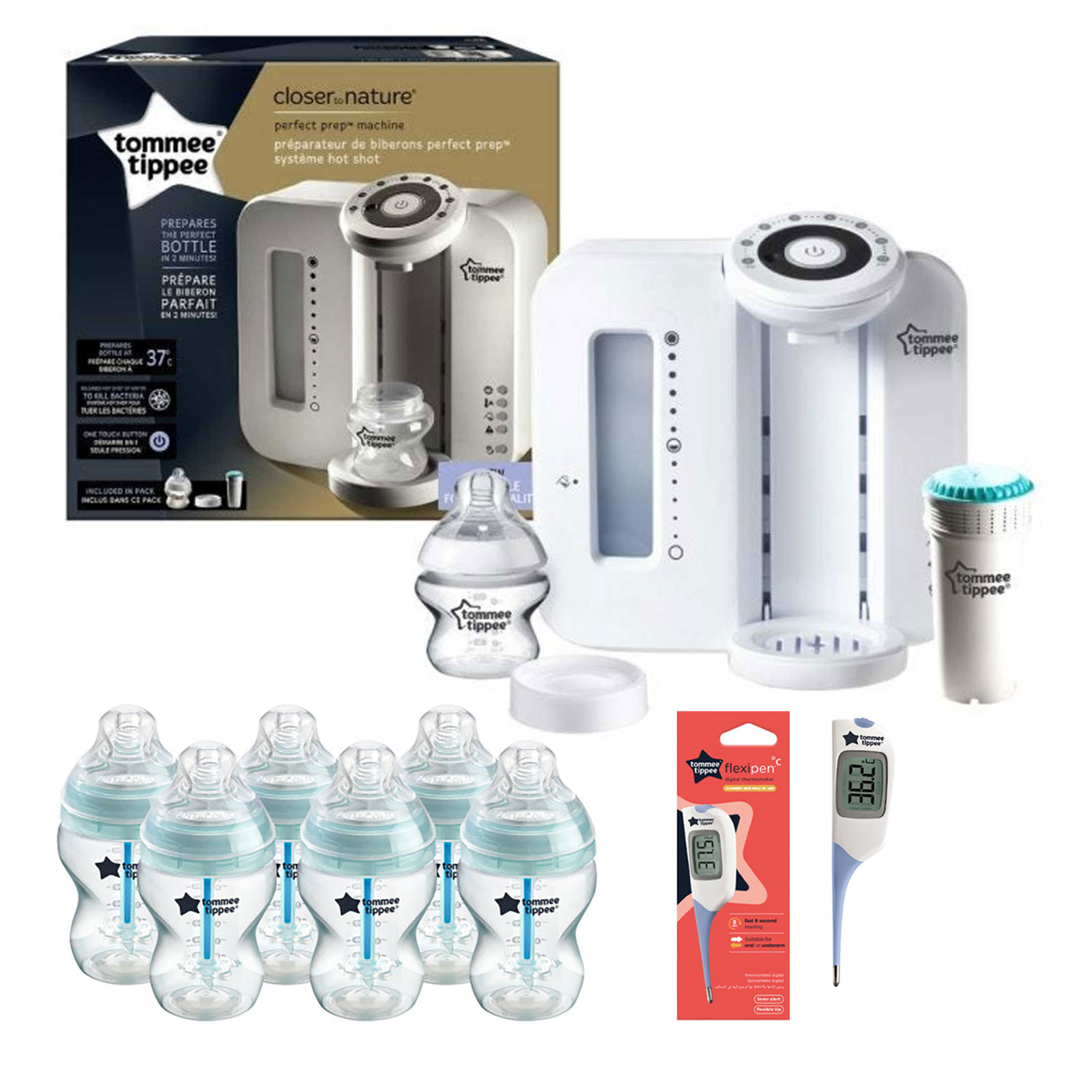 Tommee Tippee 9pc Perfect Prep Machine Anti-Colic Baby Bottle and Thermometer Feeding Bundle - White / Blue