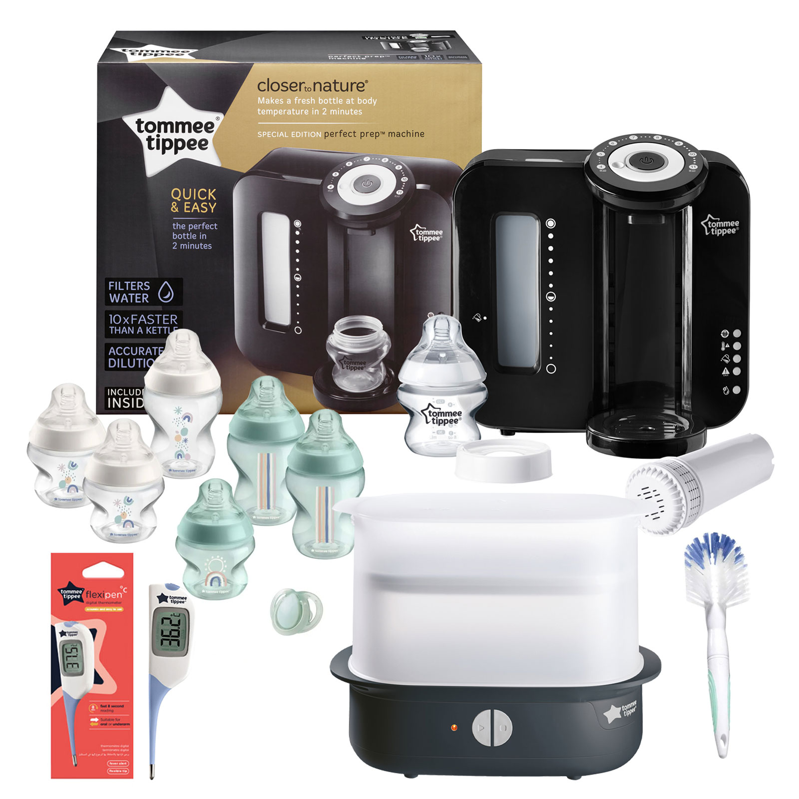 Tommee Tippee 12pc Perfect Prep Machine Electric Steriliser Baby Bottle and Thermometer Feeding Bundle - Black / Green