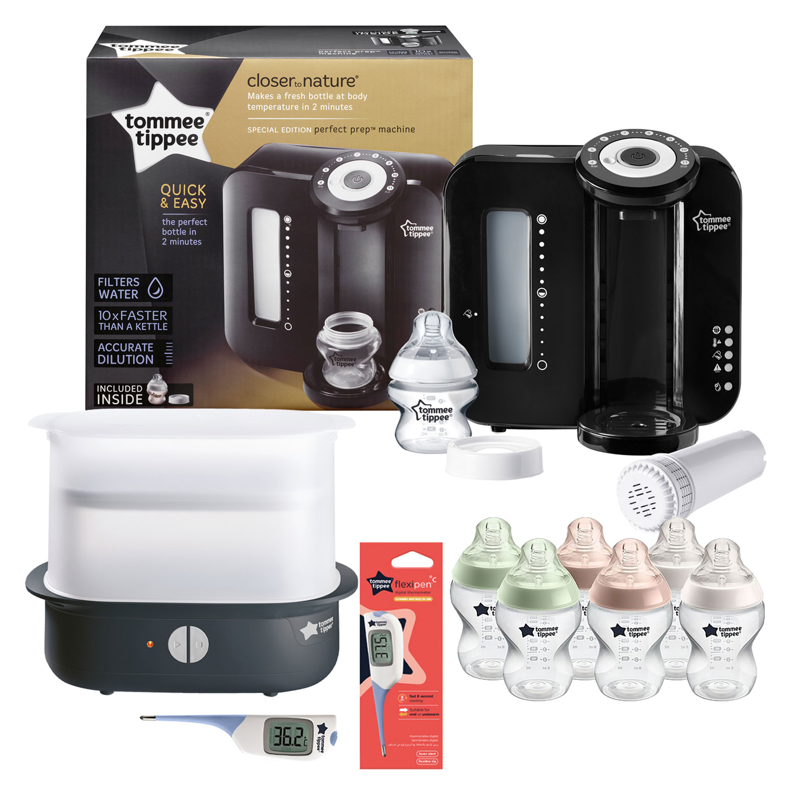Tommee Tippee 10pc Perfect Prep Machine Electric Steriliser and Thermometer Baby Bottle Feeding Bundle - Black