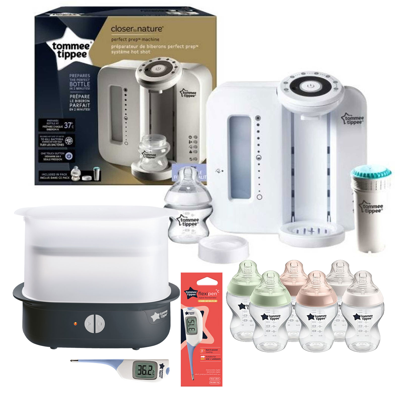 Tommee Tippee 10pc Perfect Prep Machine Electric Steriliser and Thermometer Baby Bottle Feeding Bundle - White