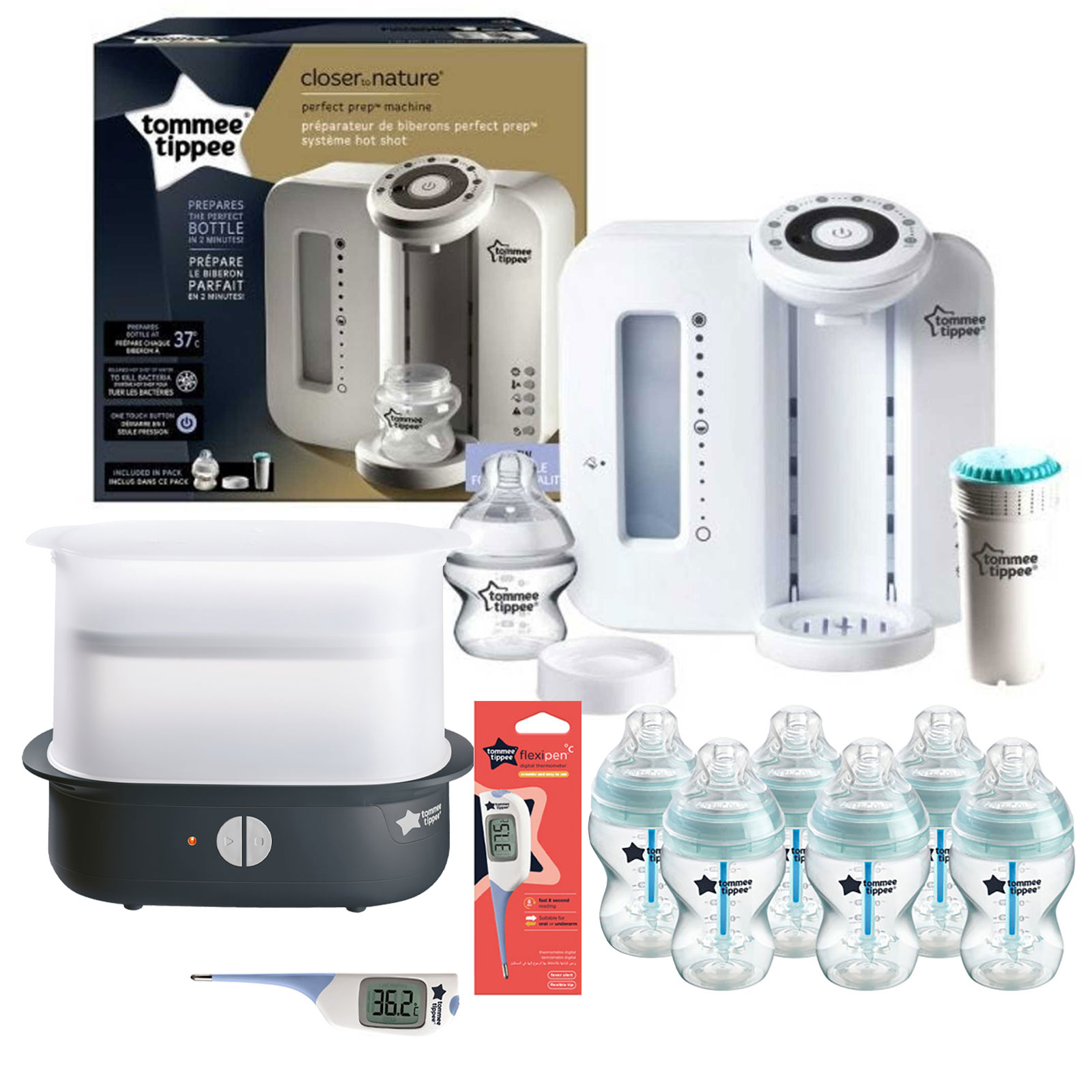 Tommee Tippee 10pc Perfect Prep Machine Electric Steriliser Anti-Colic Baby Bottle and Thermometer Feeding Bundle - White / Blue