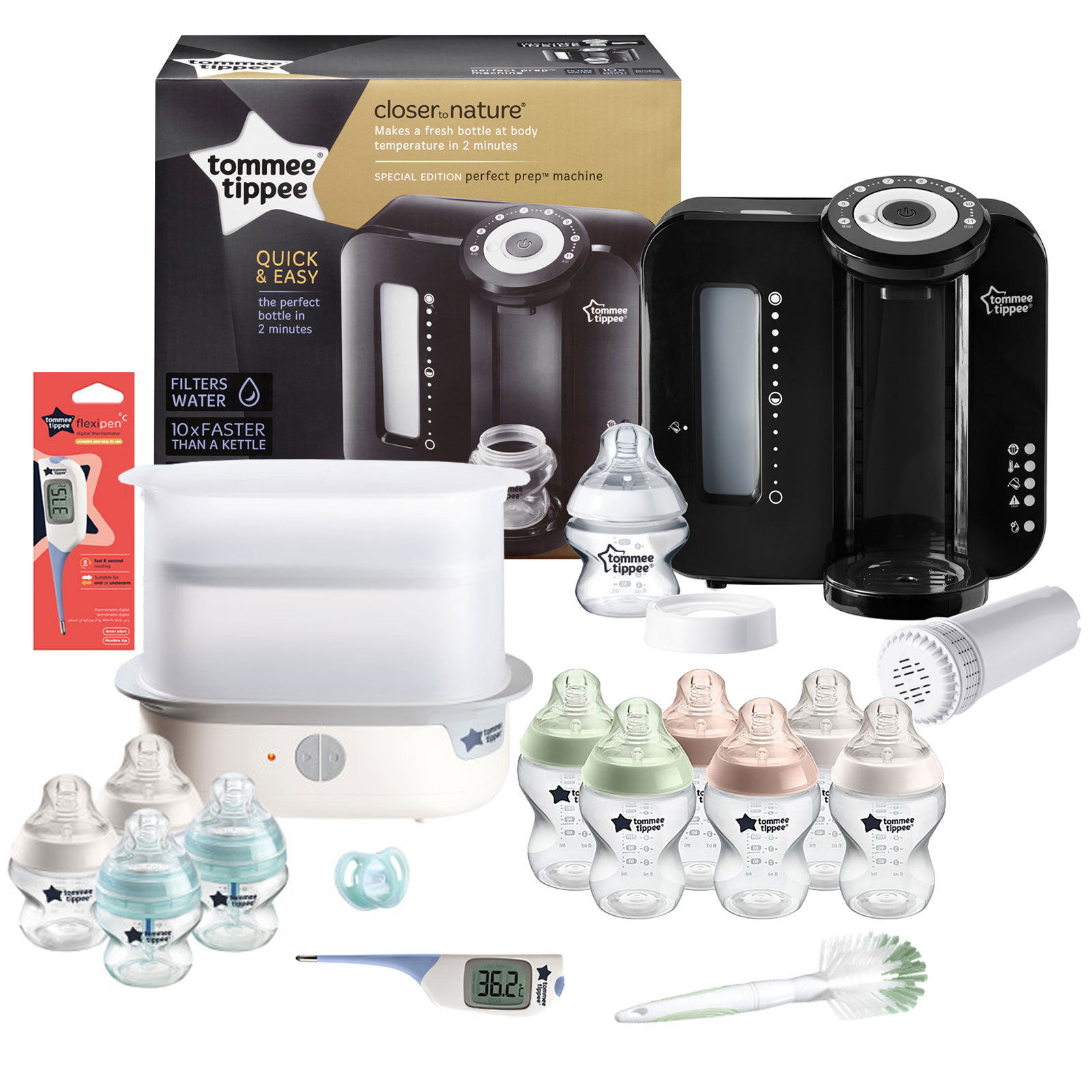 Tommee Tippee 16pc Perfect Prep Machine Complete Steriliser Baby Bottle and Thermometer Feeding Bundle - Black / Natural