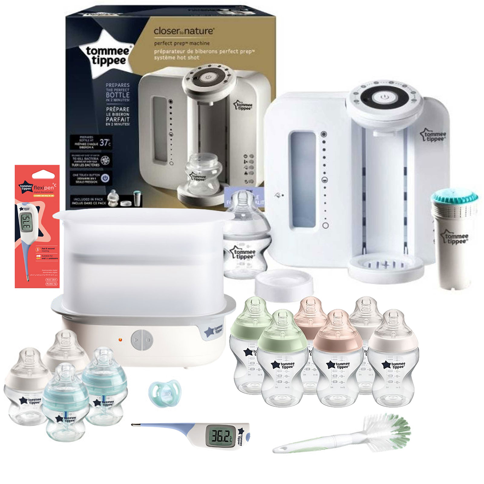 Tommee Tippee 16pc Perfect Prep Machine Complete Steriliser Baby Bottle and Thermometer Feeding Bundle - White / Natural